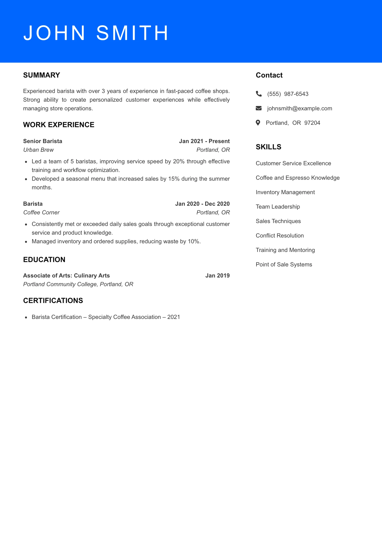 Mid Level Barista Resume Sample