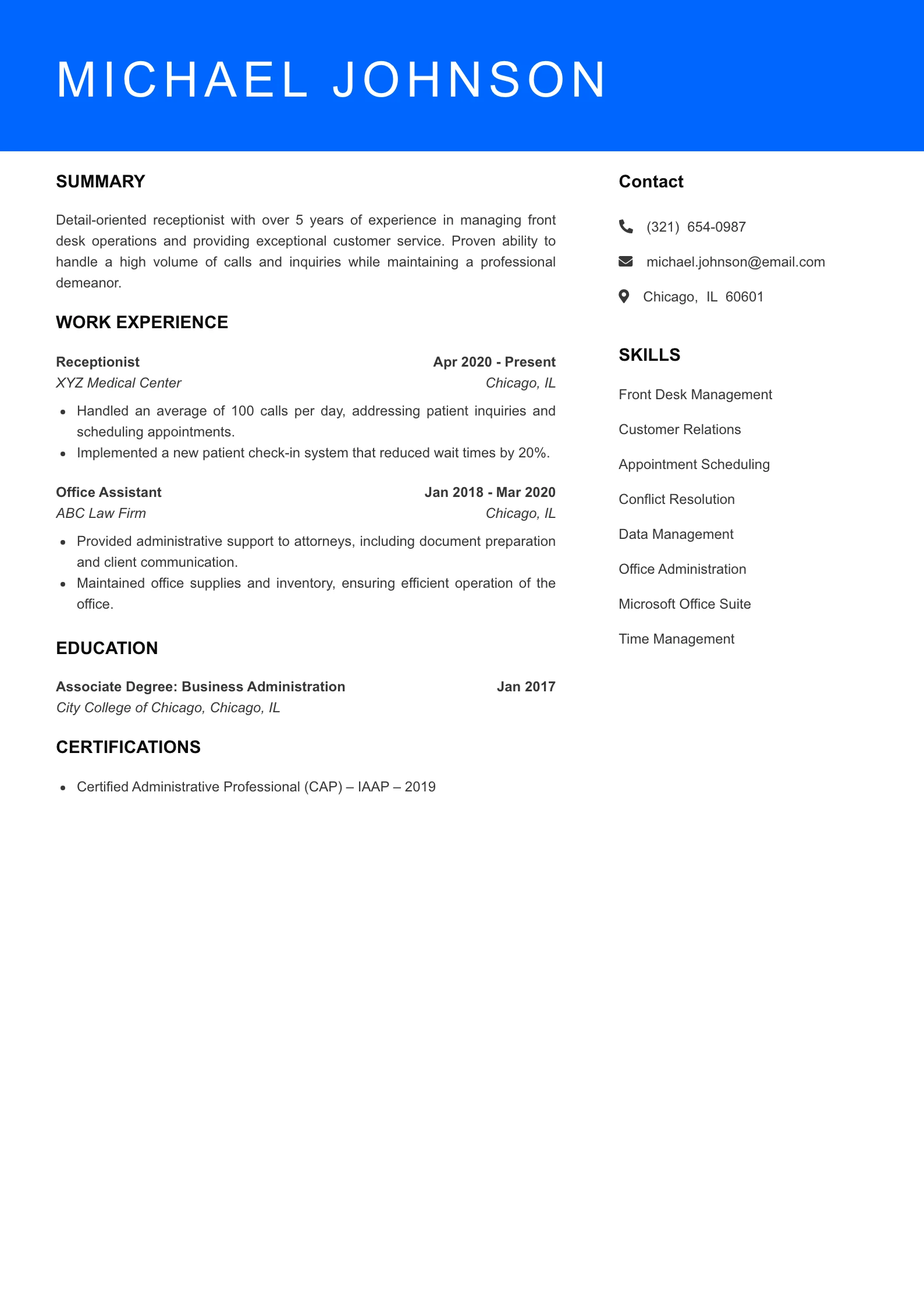 Mid Level Receptionist Resume Sample