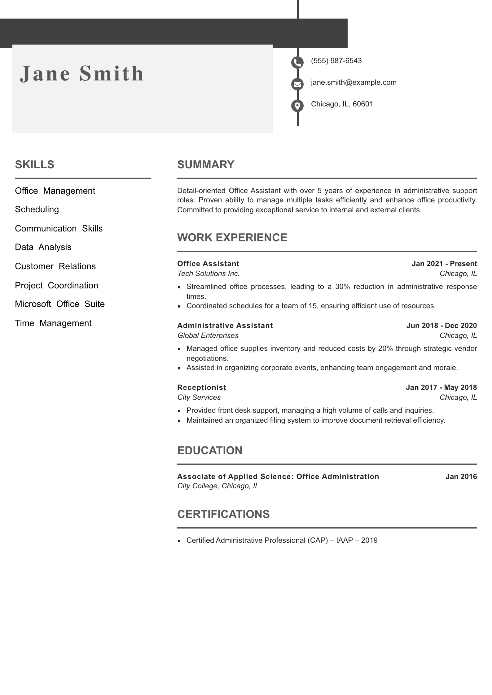 Mid Level Office Assistant Resume Example