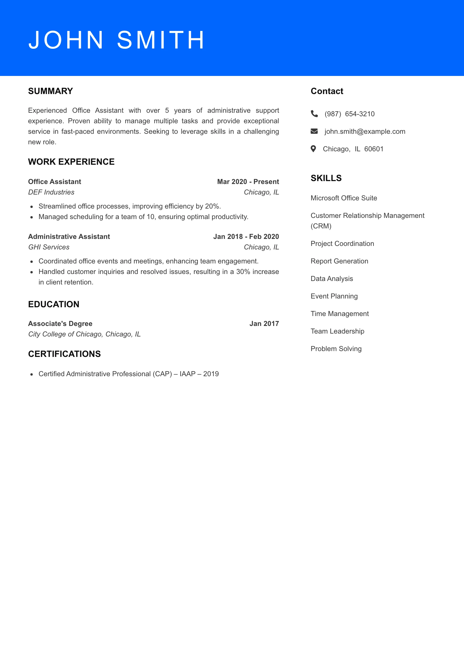 Mid Level Office Assistant Resume Sample