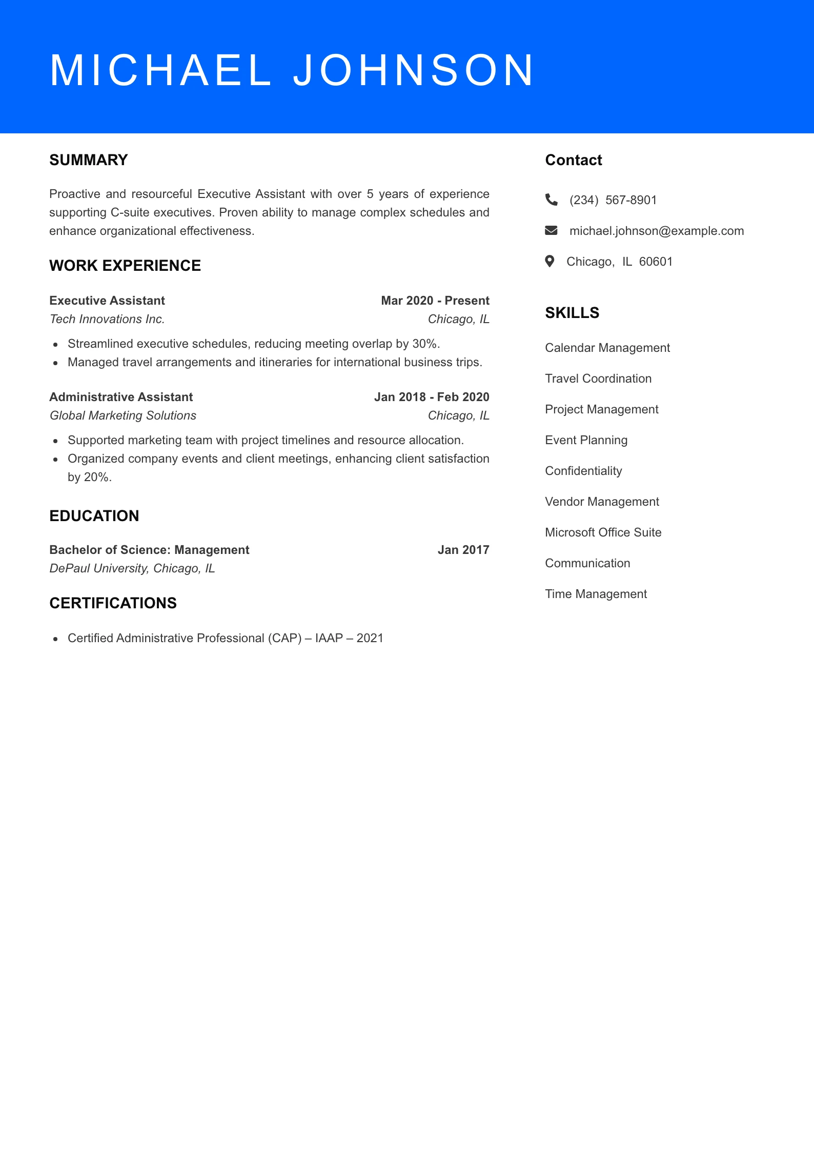 Mid Level Executive Assistant Resume Sample