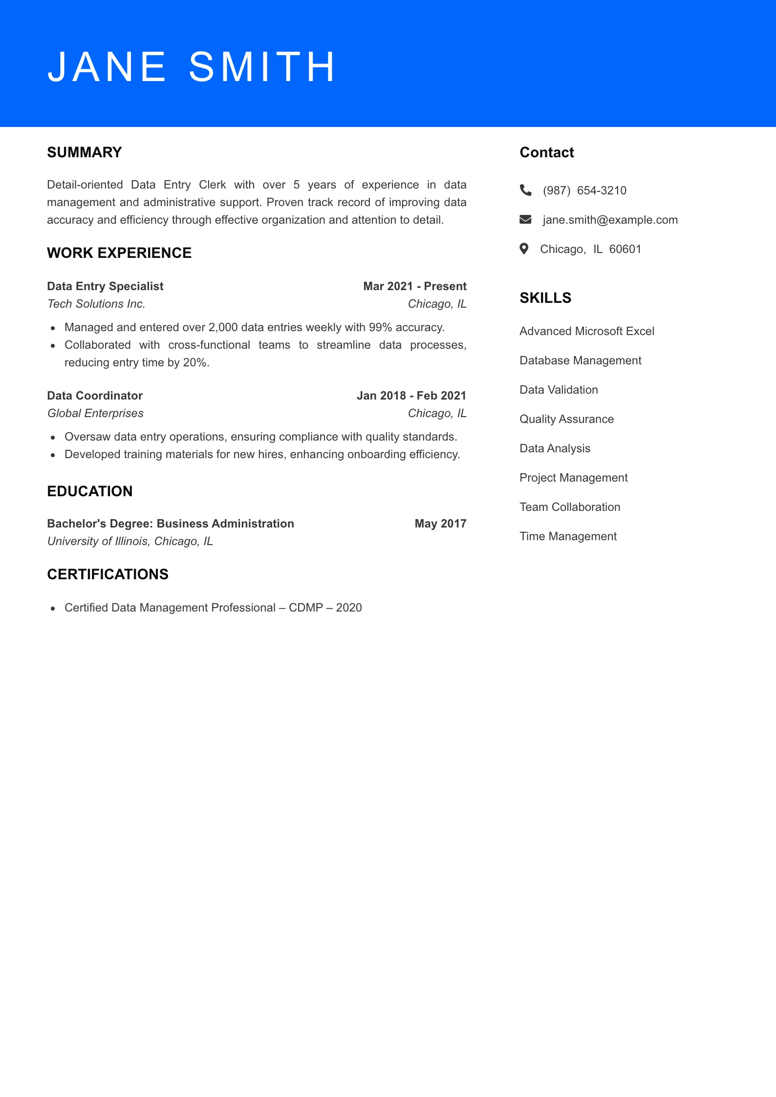 Mid Level Data Entry Clerk Resume Sample