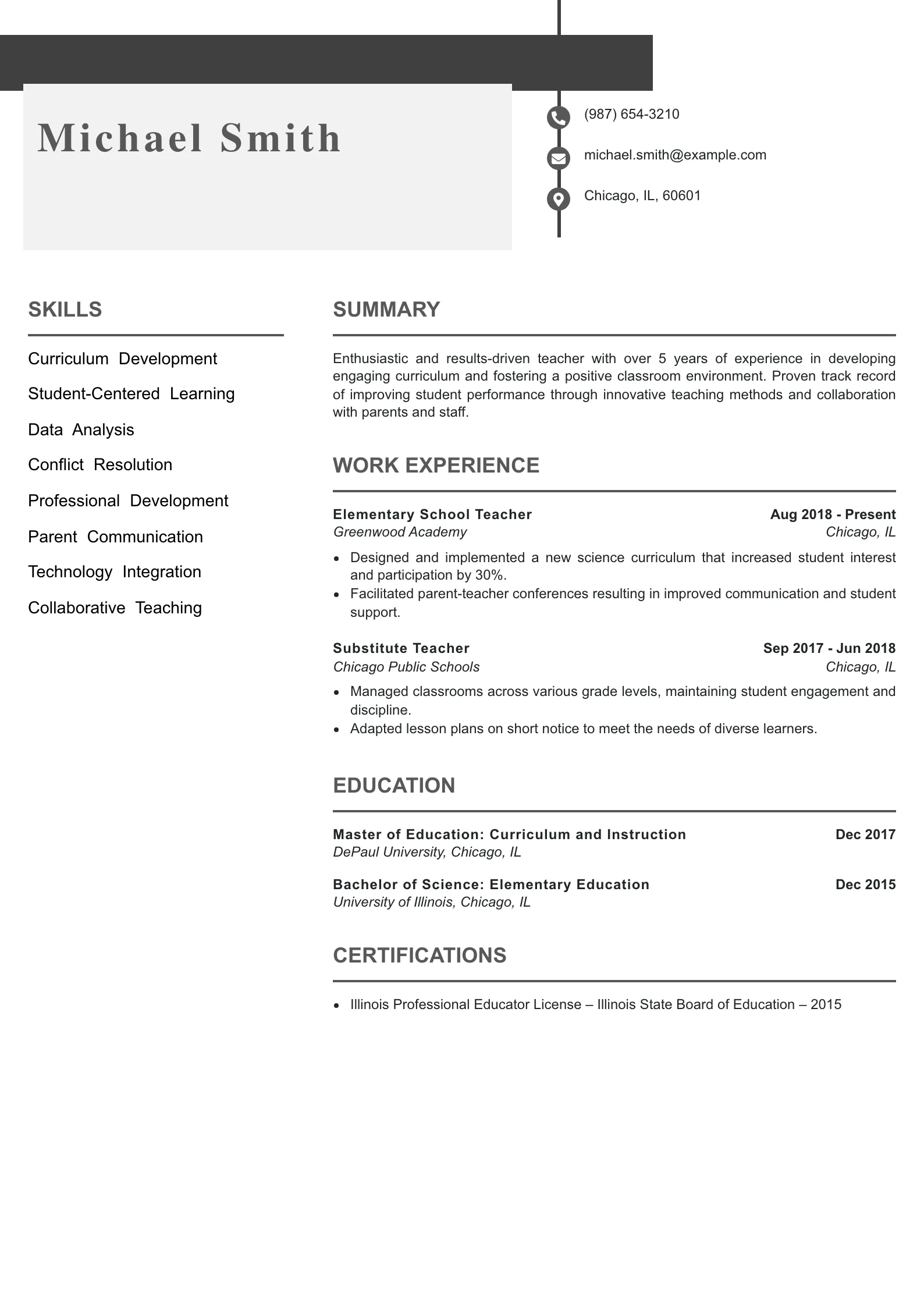 Mid Level Teacher Resume Example