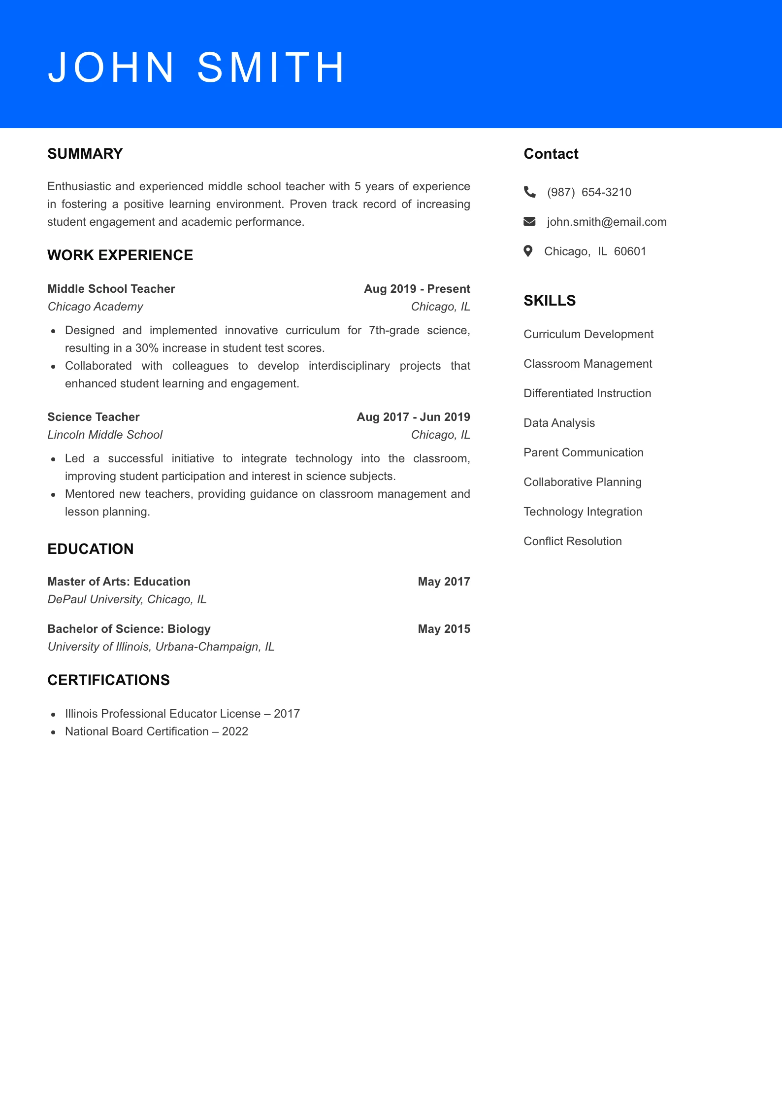 Mid Level Teacher Resume Sample