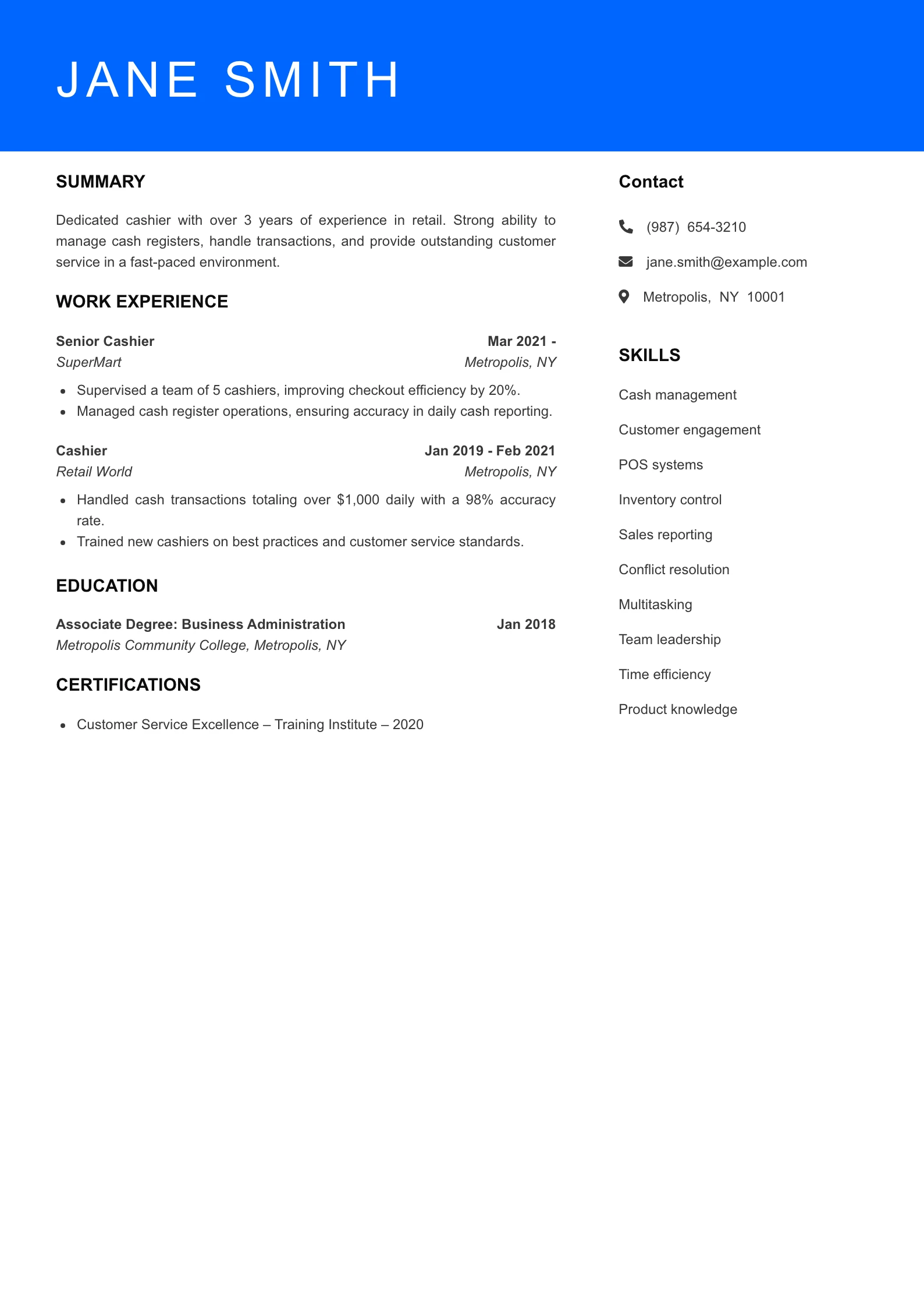 Mid Level Cashier Resume Example