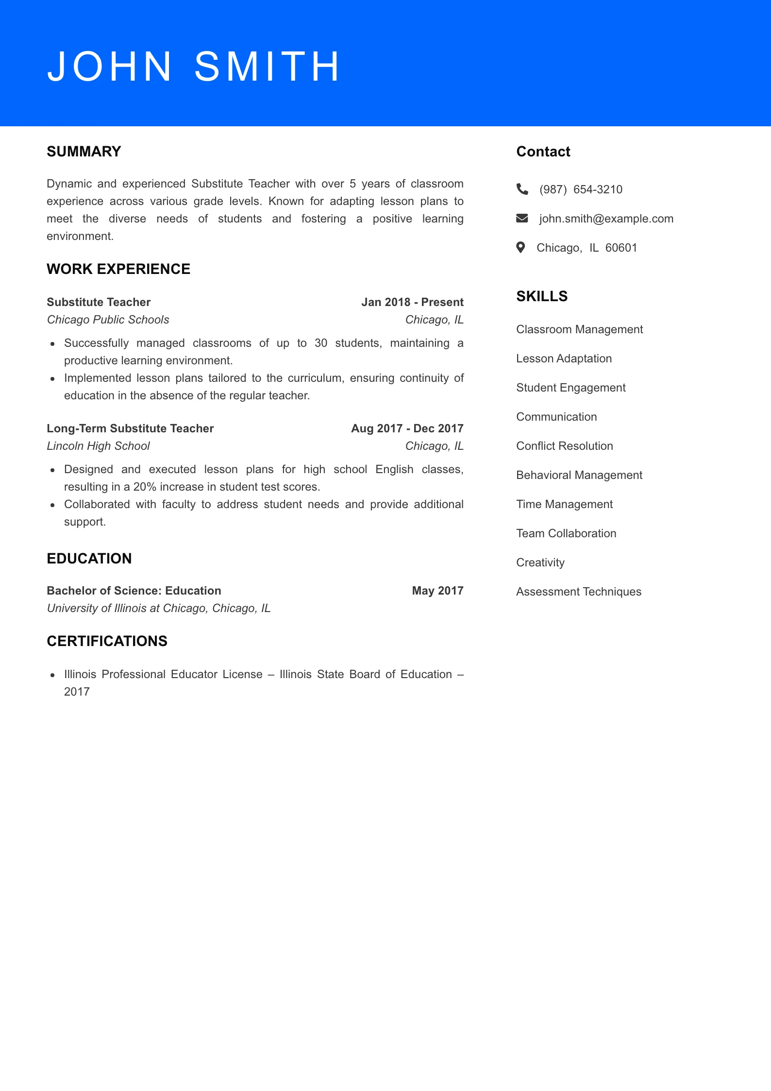 Mid Level Substitute Teacher Resume Sample
