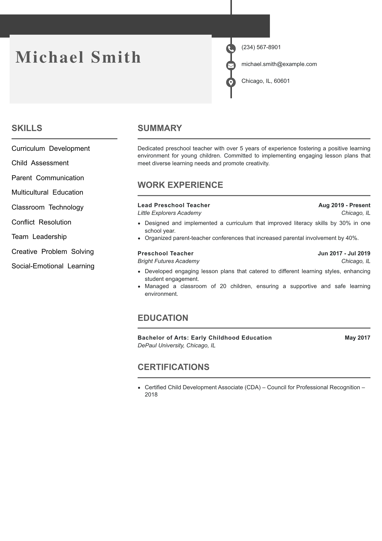 Mid Level Preschool Teacher Resume Example