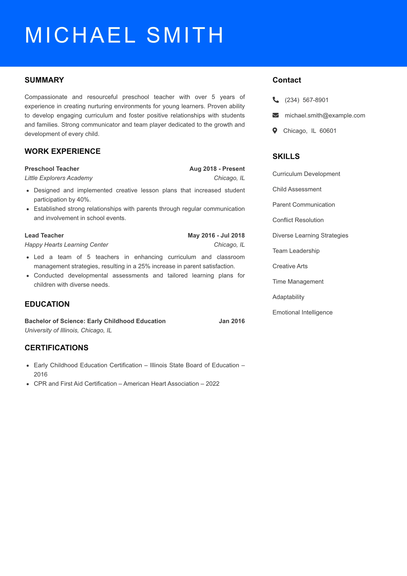 Mid Level Preschool Teacher Resume Sample