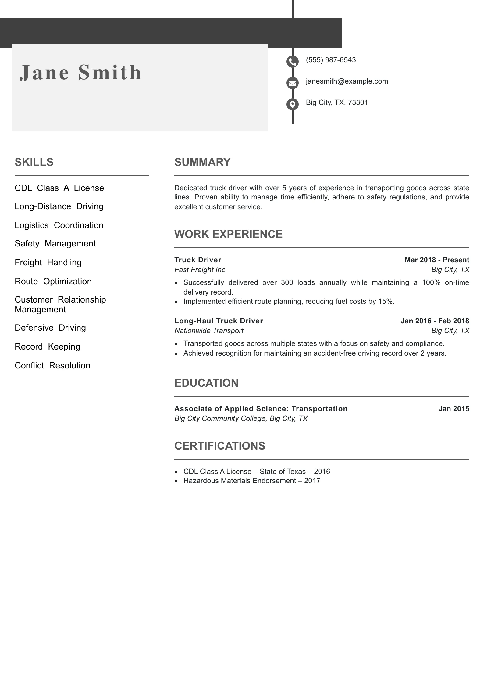 Mid Level Truck Driver Resume Example