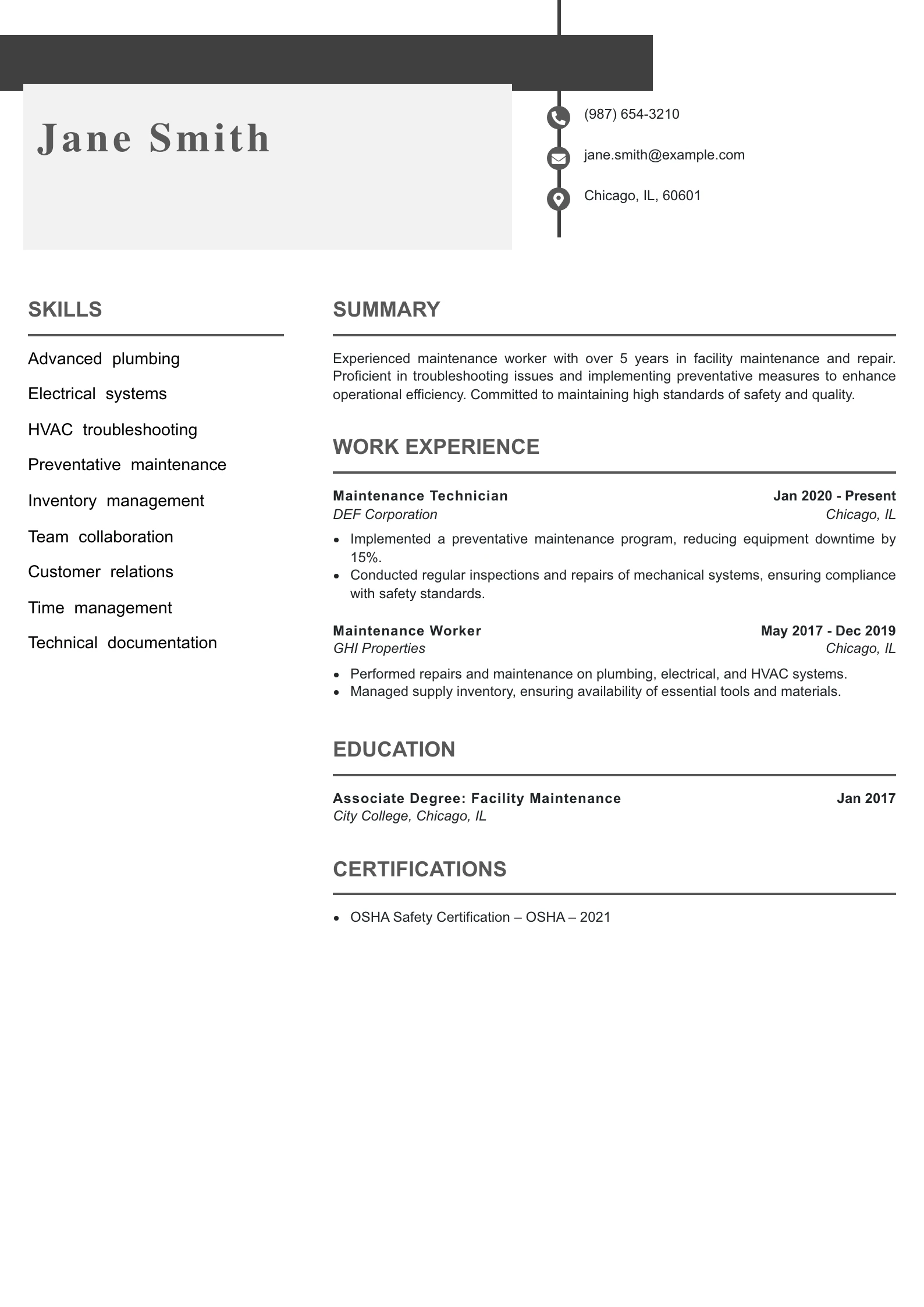 Mid Level Maintenance Worker Resume Example