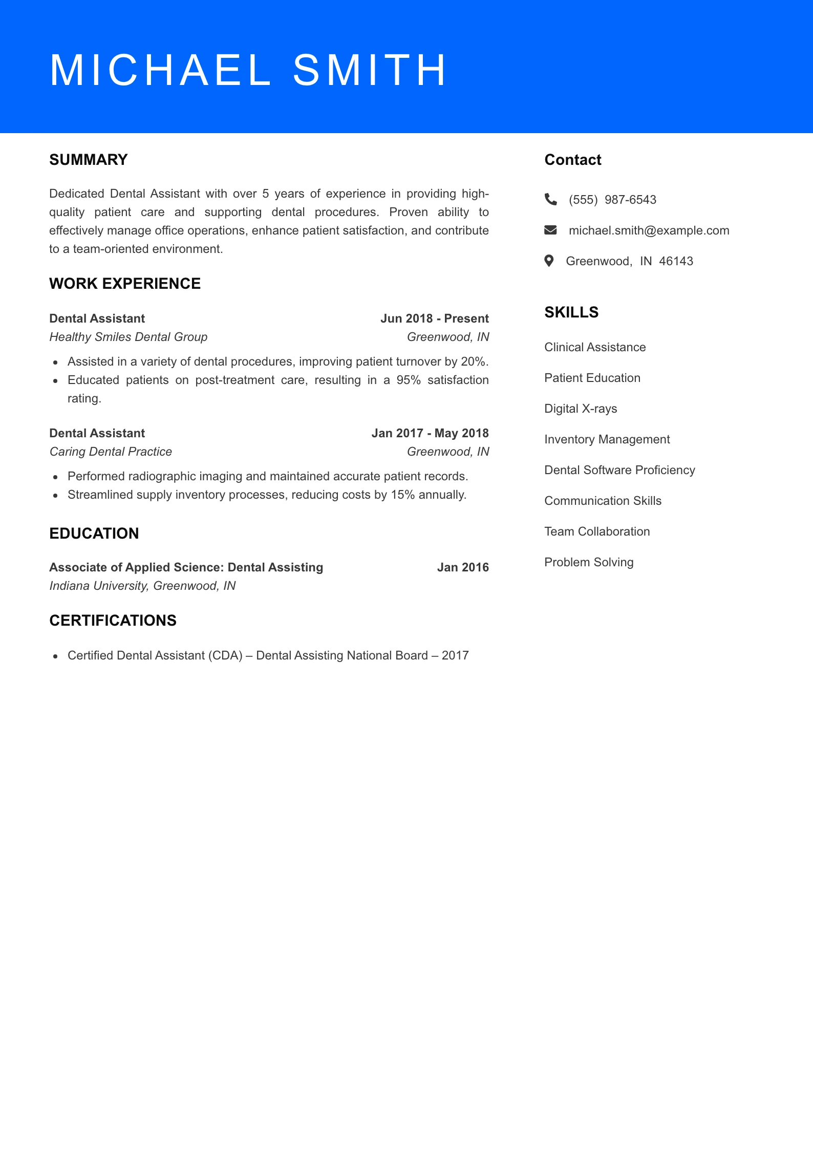 Mid Level Dental Assistant Resume Sample