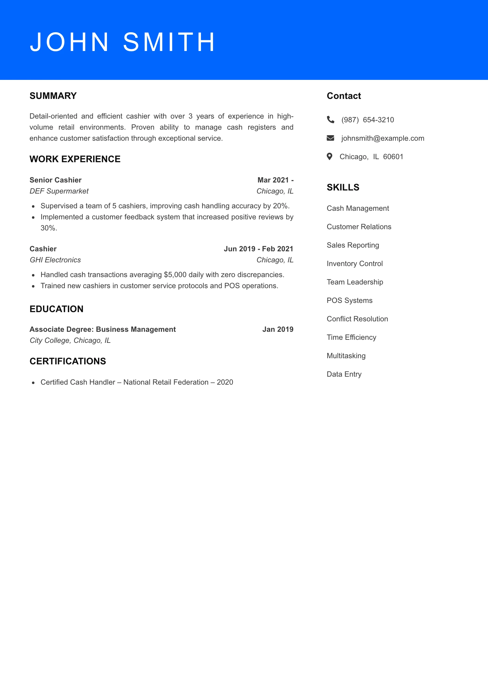 Mid Level Cashier Resume Sample