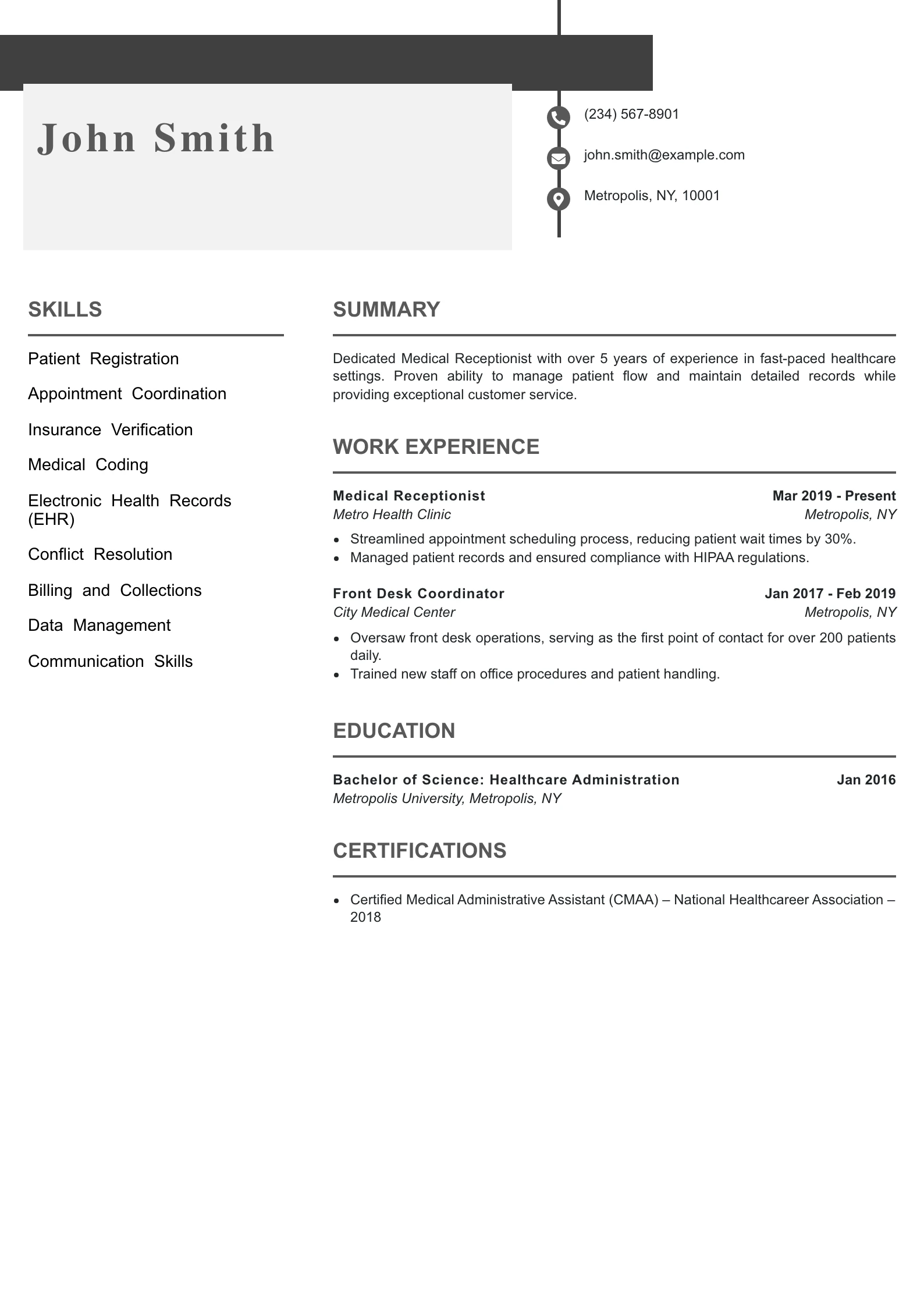 Mid Level Medical Receptionist Resume Example