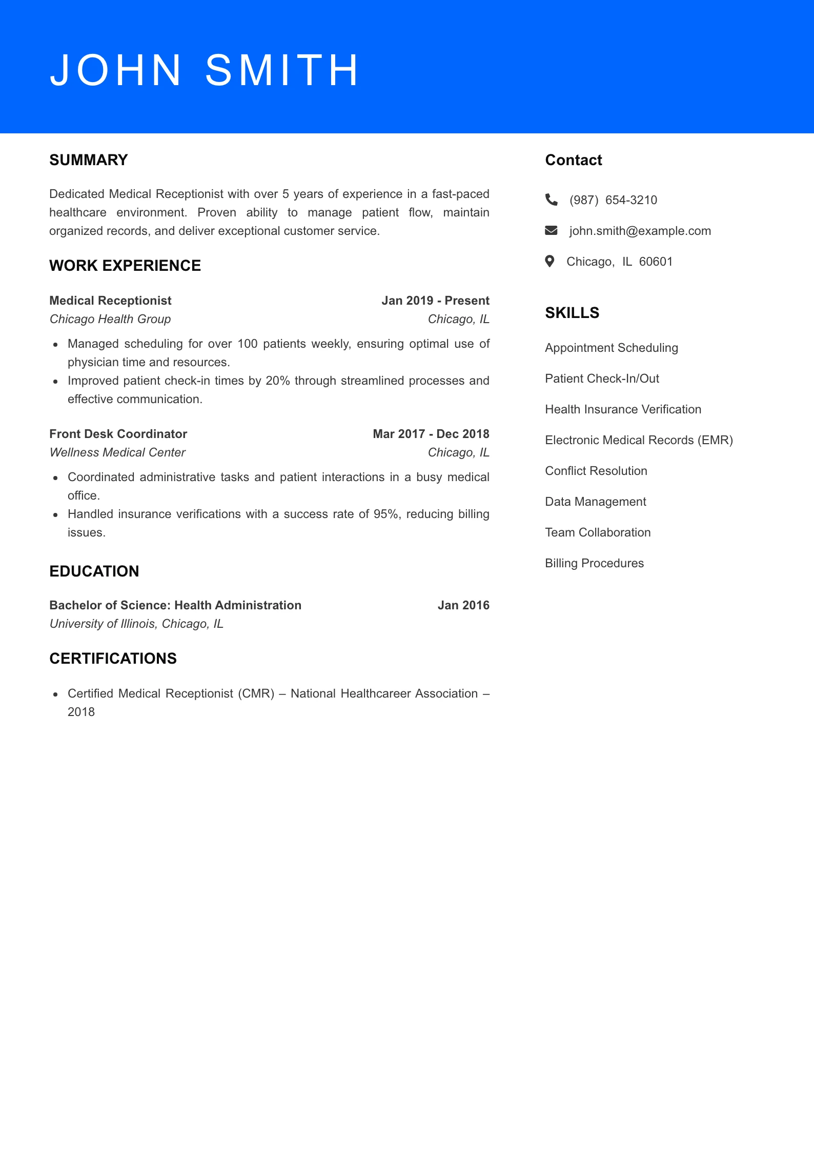 Mid Level Medical Receptionist Resume Sample