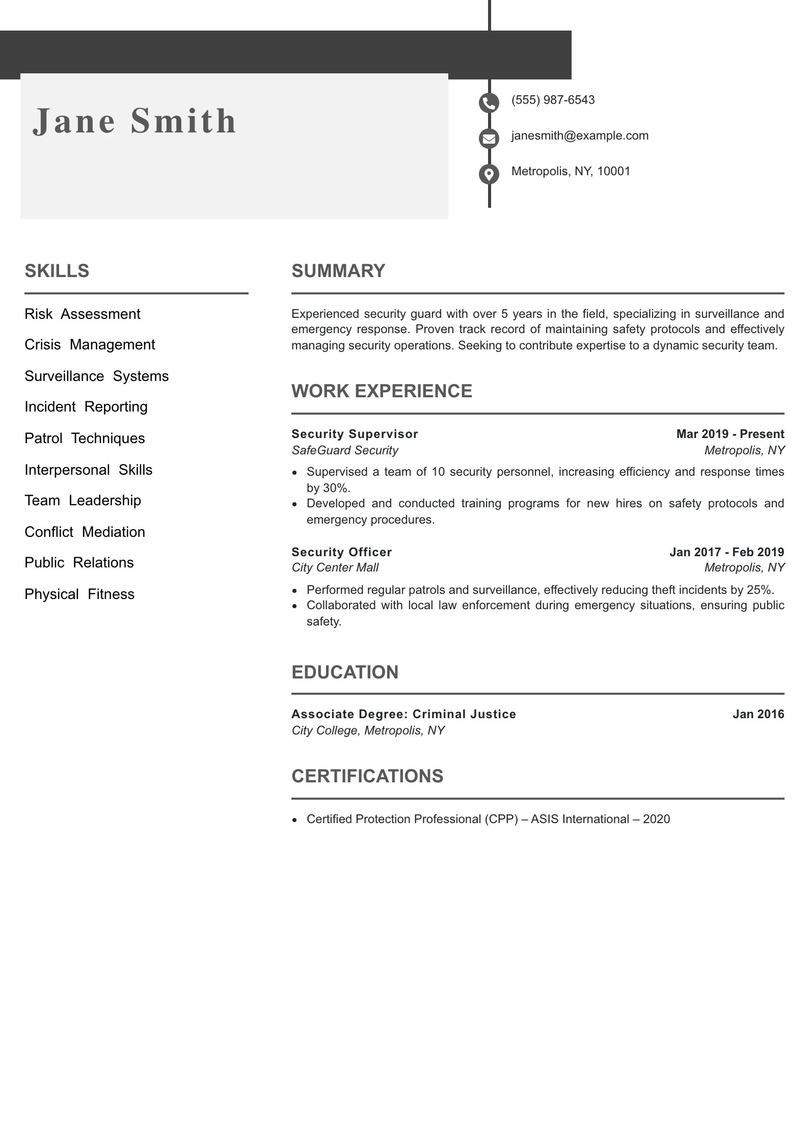 Mid Level Security Guard Resume Example