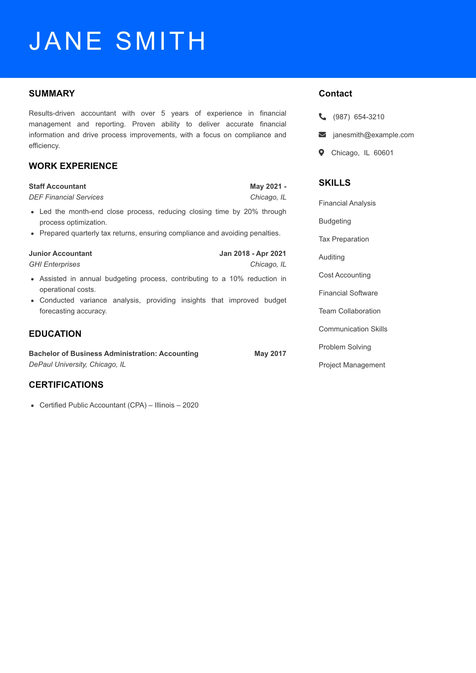 Mid Level Accountant Resume Example