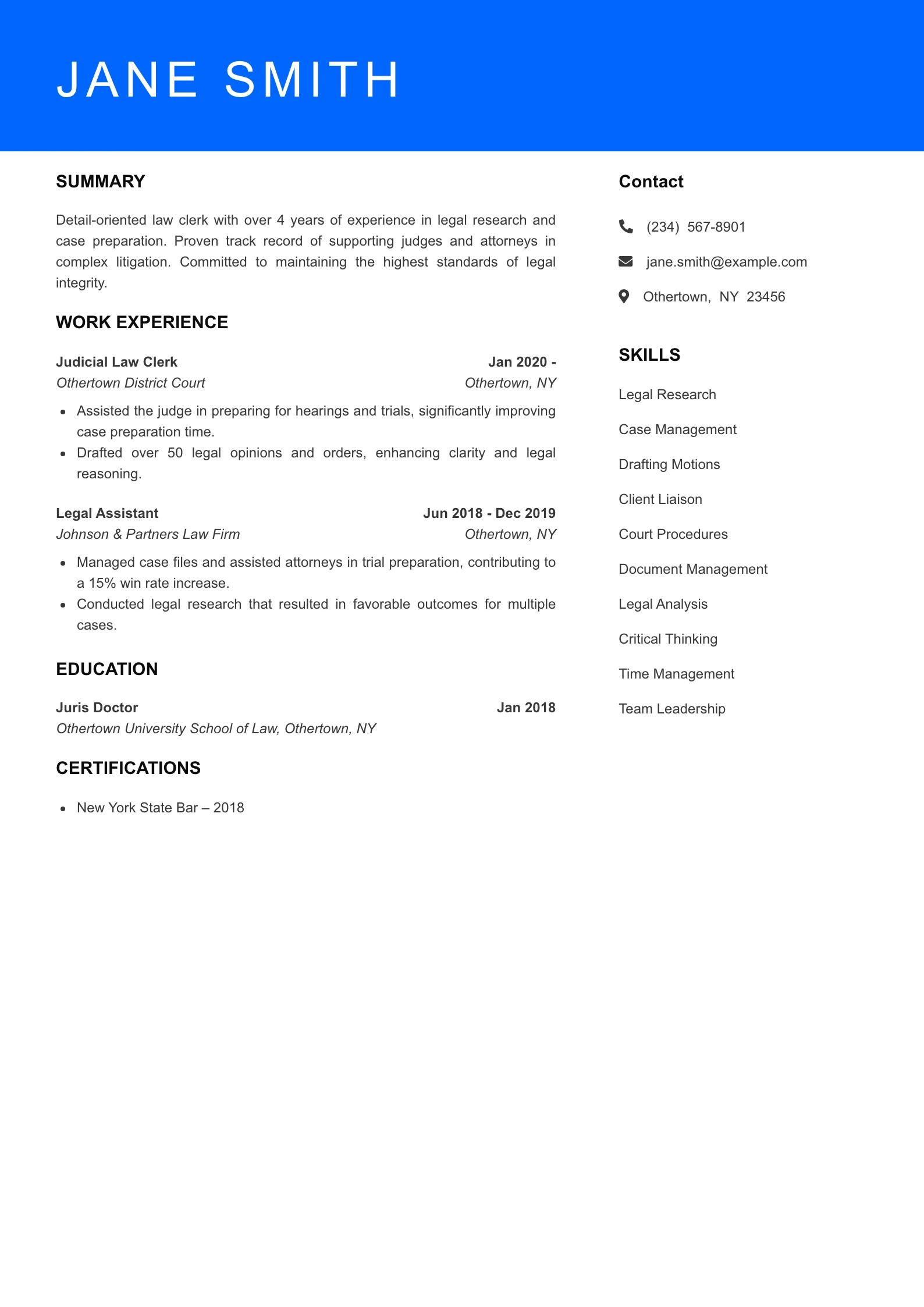 Mid Level Judicial Law Clerk Resume Example