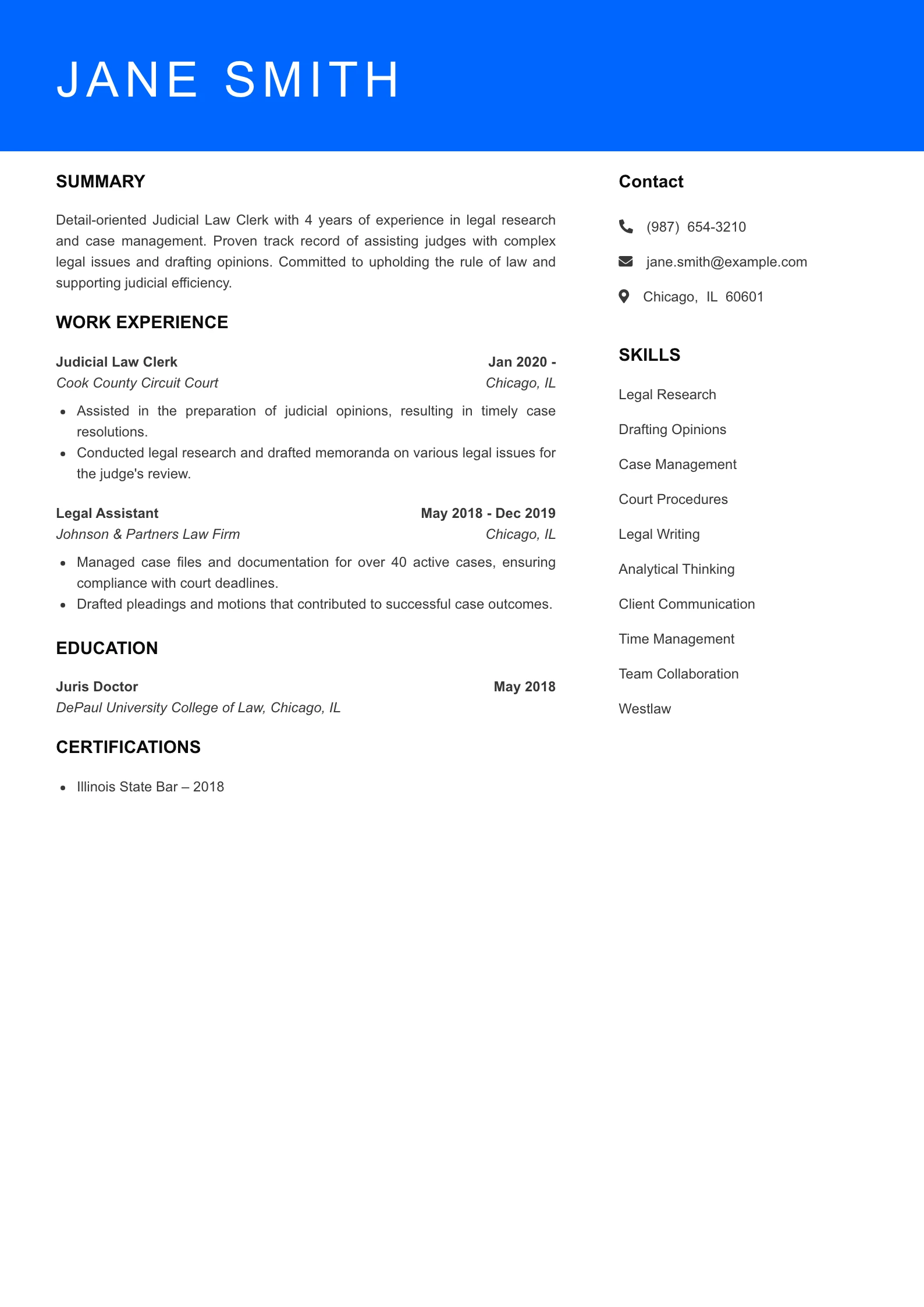 Mid Level Judicial Law Clerk Resume Sample