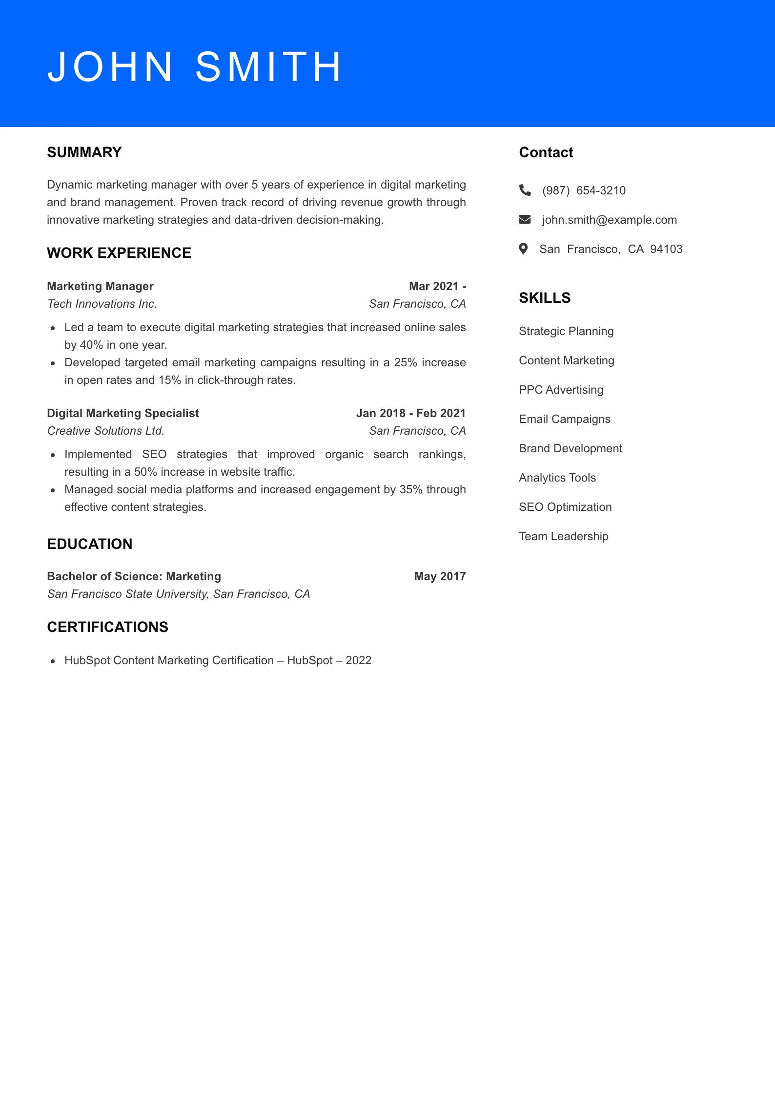 Mid Level Marketing Manager Resume Example