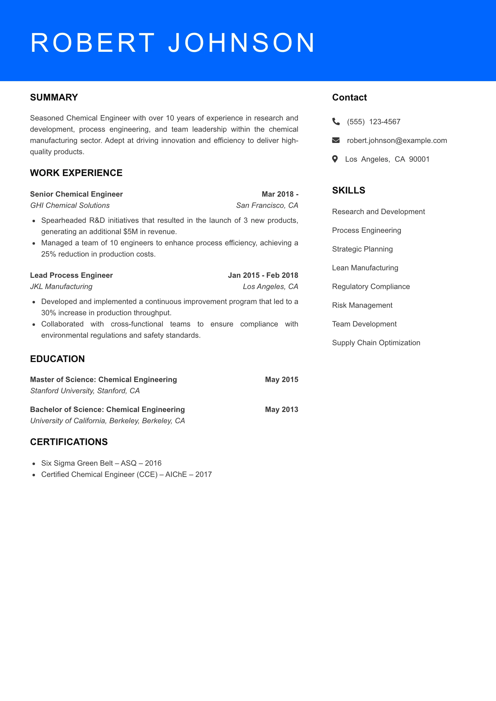 Senior Level Chemical Engineer Resume Example