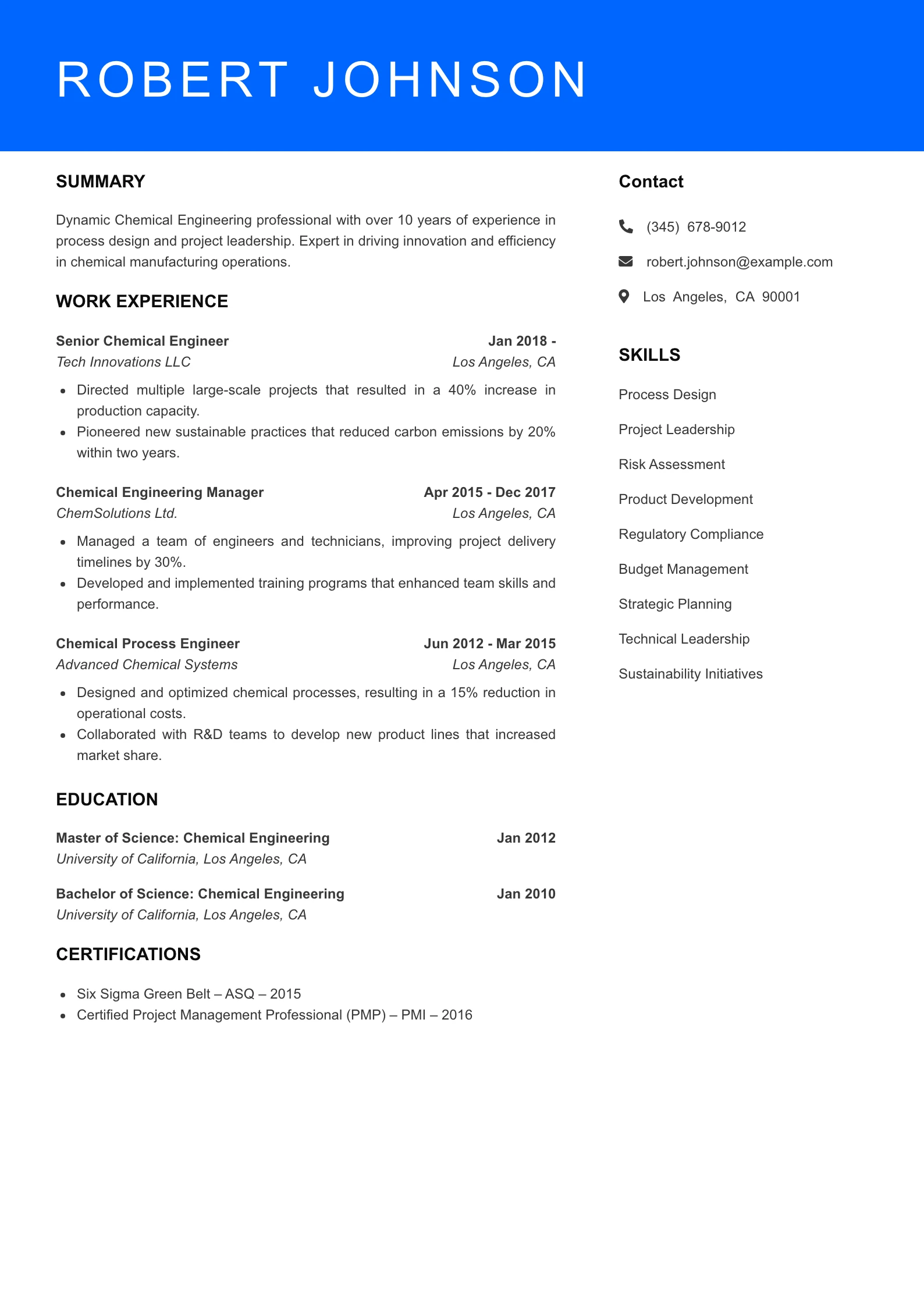 Senior Level Chemical Engineer Resume Sample