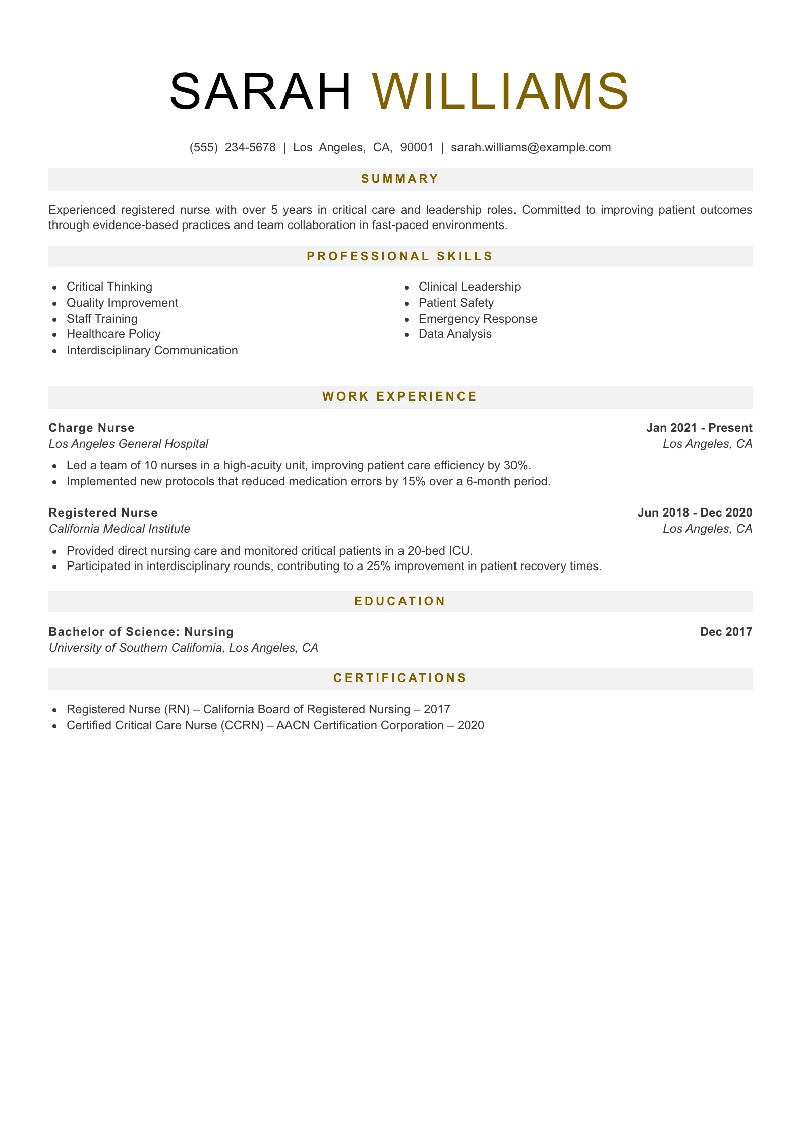 Senior Level RN (New Grad) Resume Example