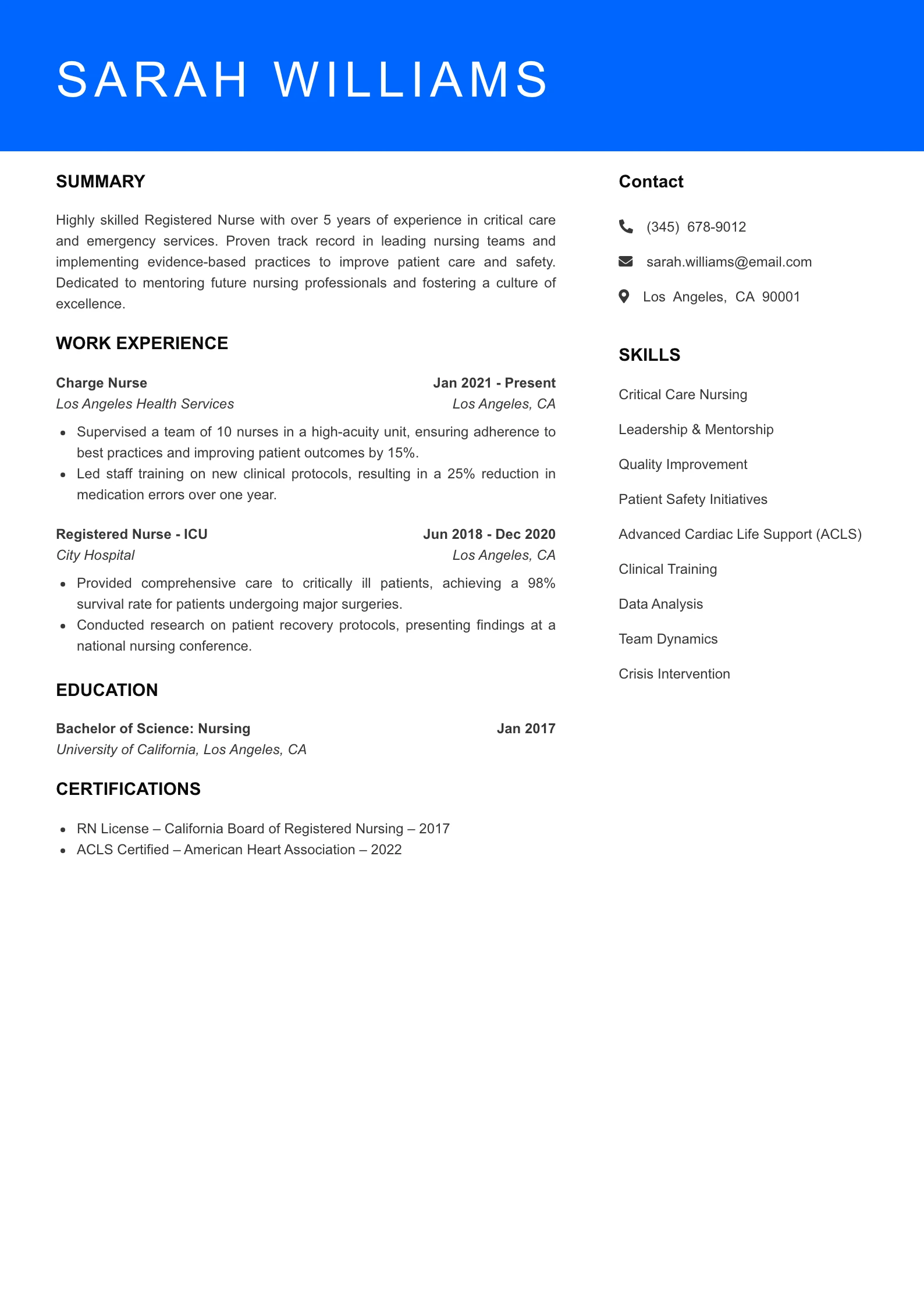 Senior Level RN (New Grad) Resume Sample