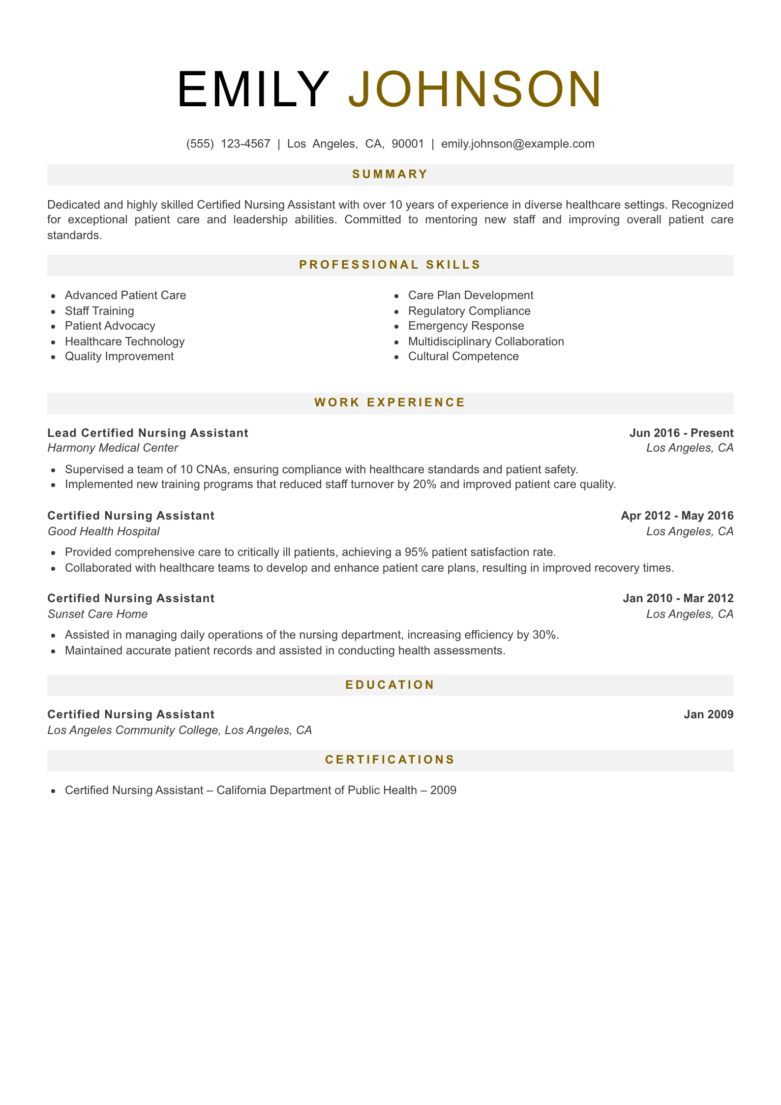 Senior Level CNA Resume Example