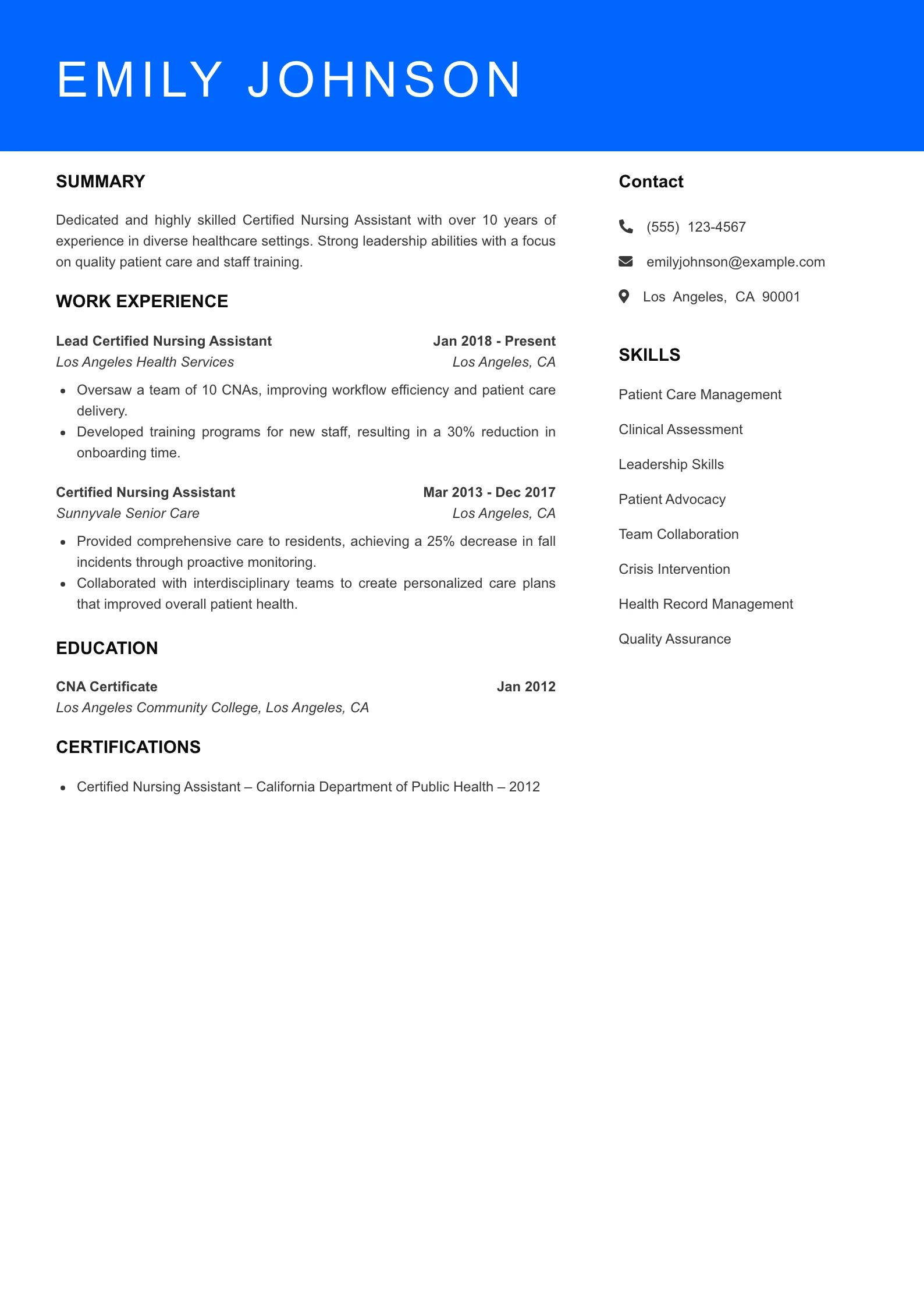 Senior Level CNA Resume Sample