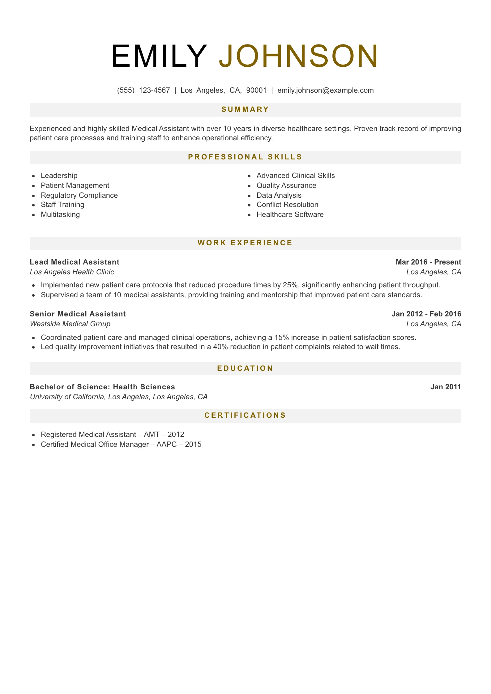 Senior Level Medical Assistant Resume Example