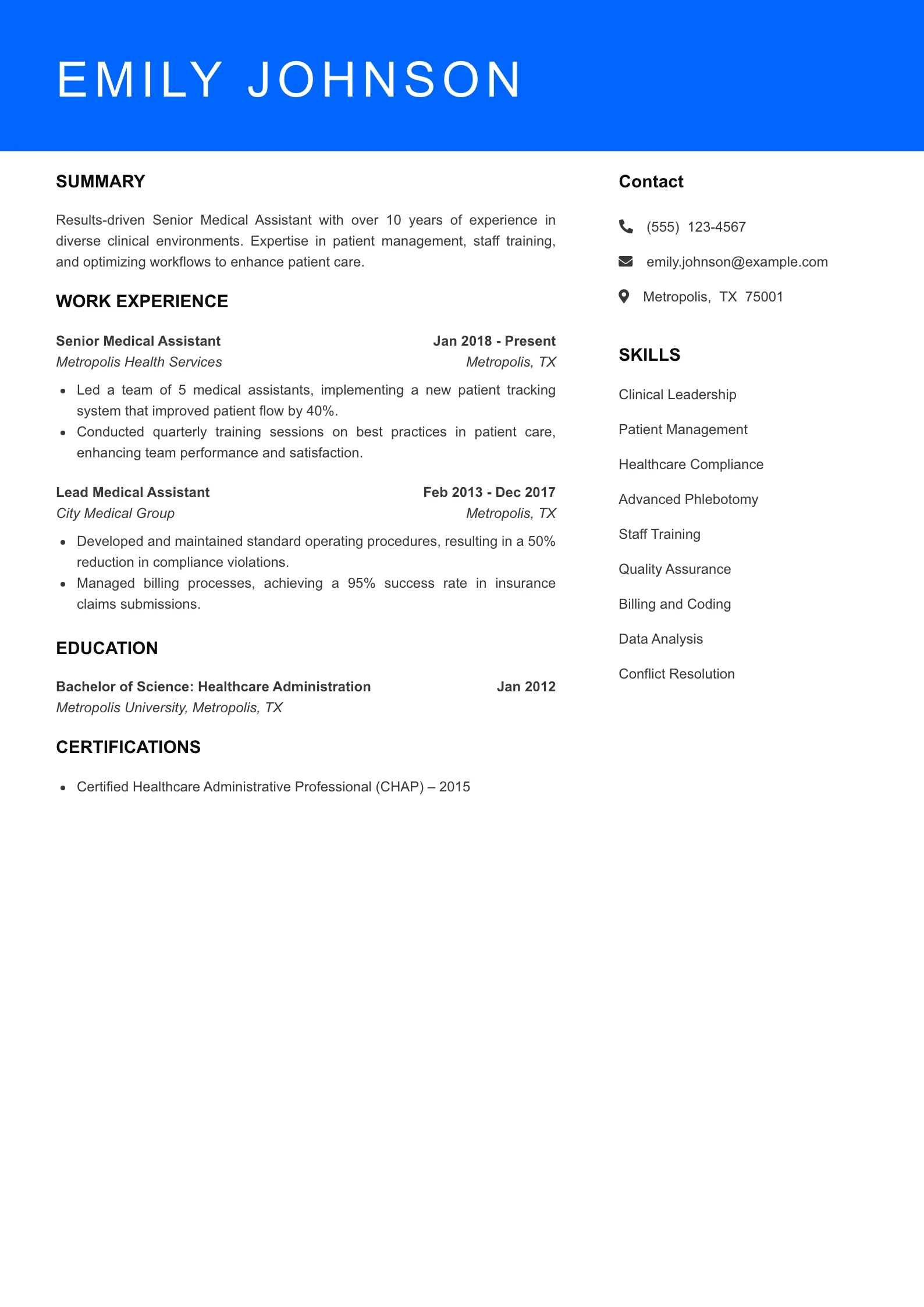 Senior Level Medical Assistant Resume Sample
