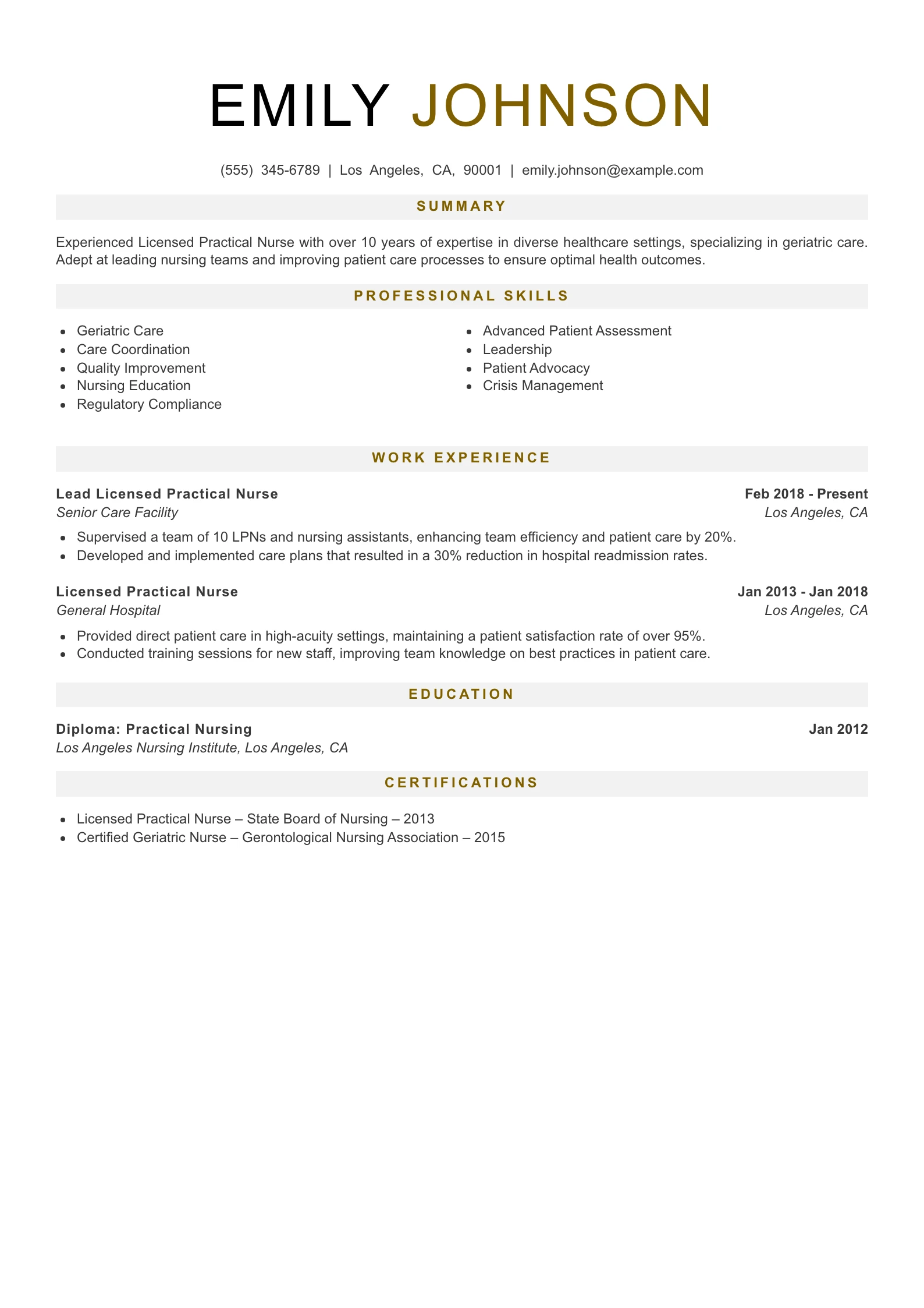 Senior Level Licensed Practical Nurse Resume Example