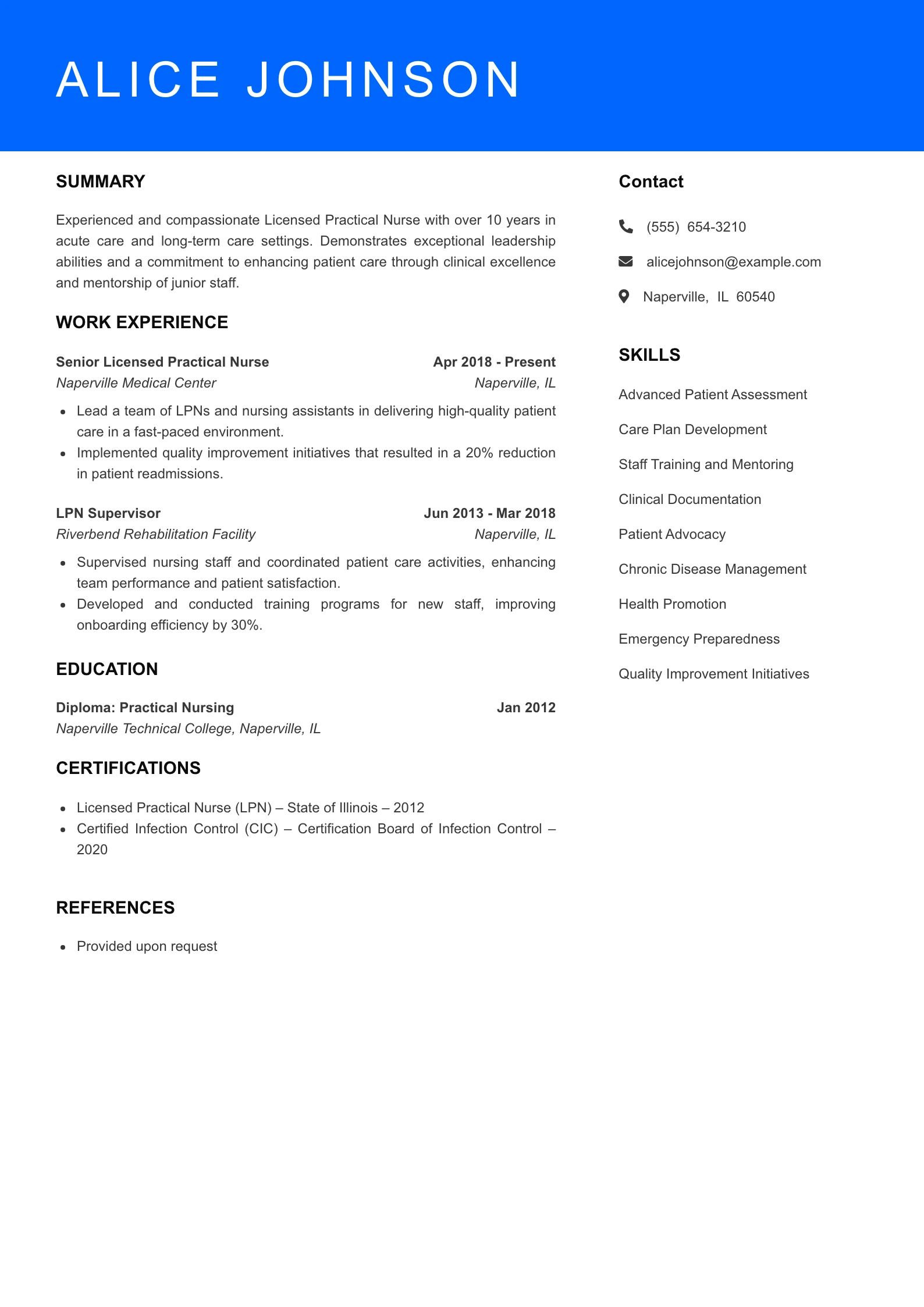 Senior Level Licensed Practical Nurse Resume Sample