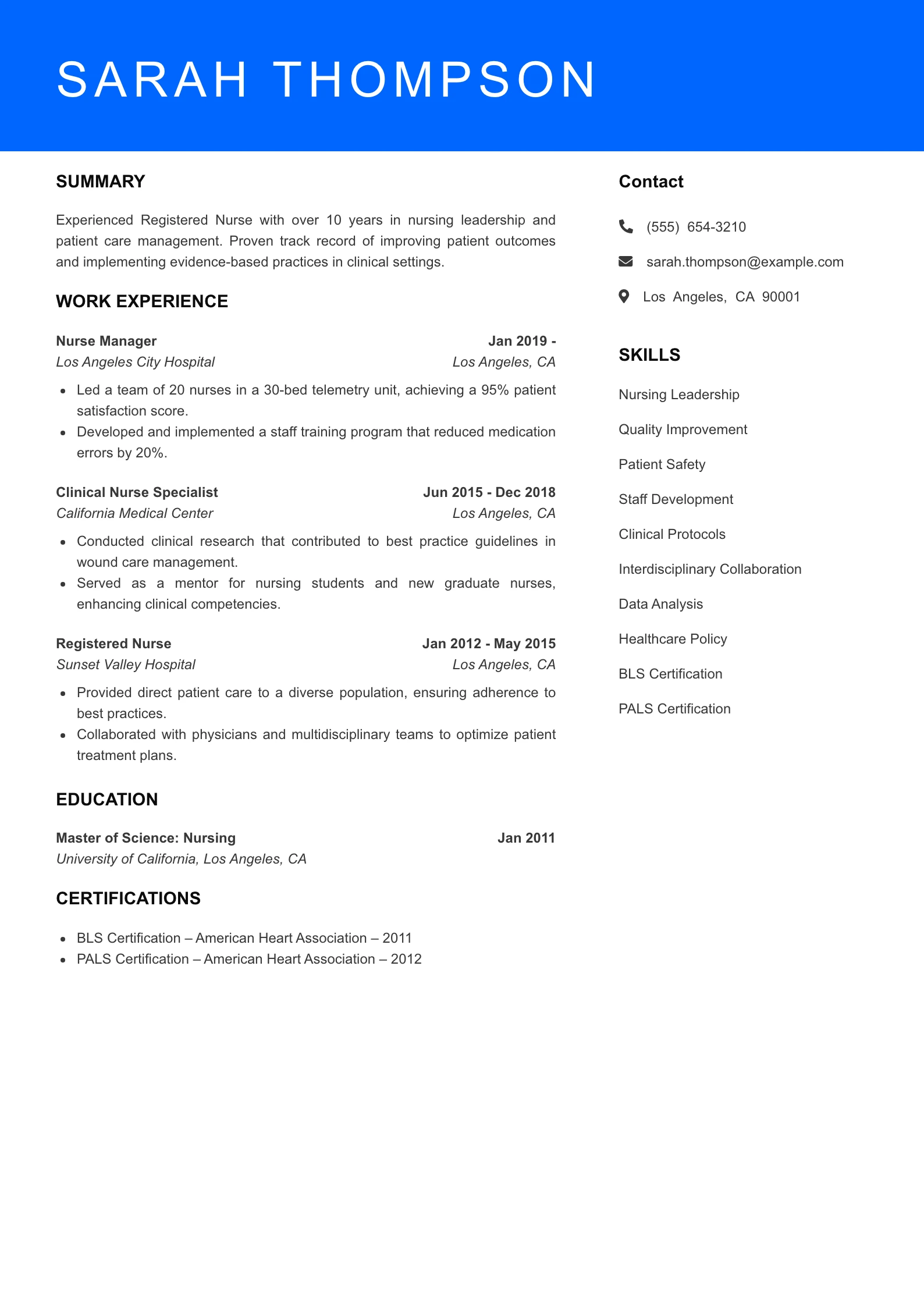 Senior Level Registered Nurse Resume Example
