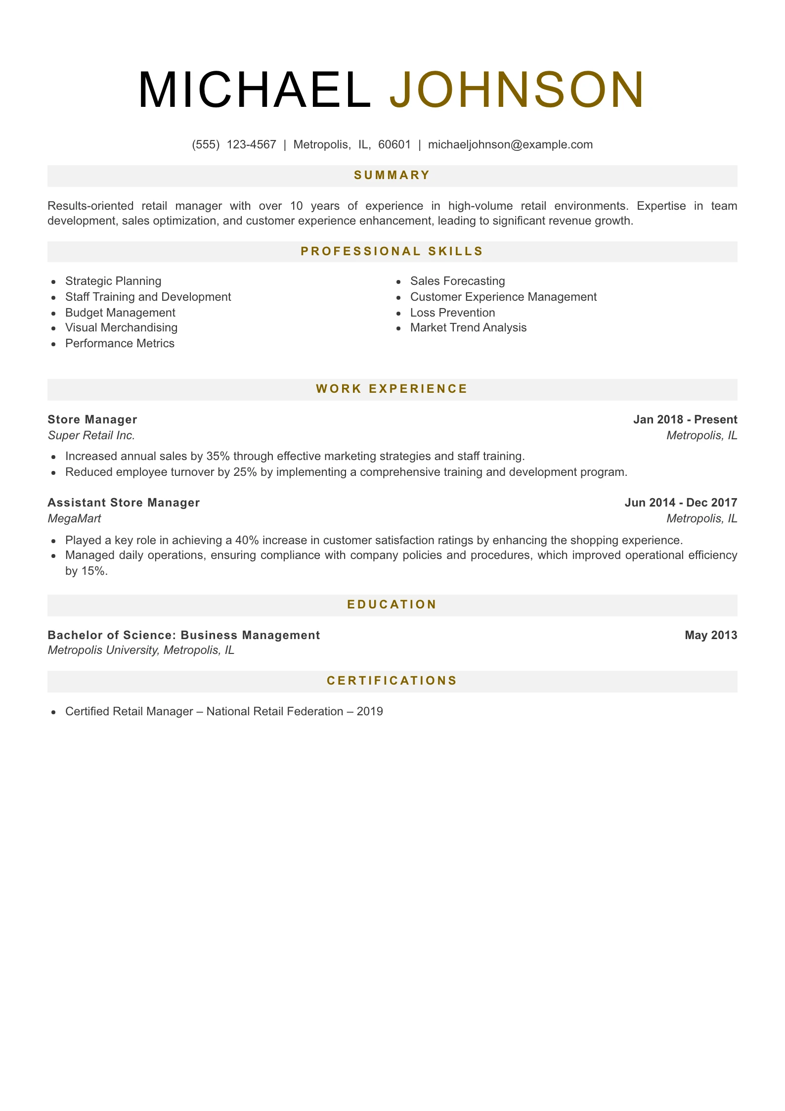 Senior Level Retail Associate Resume Example