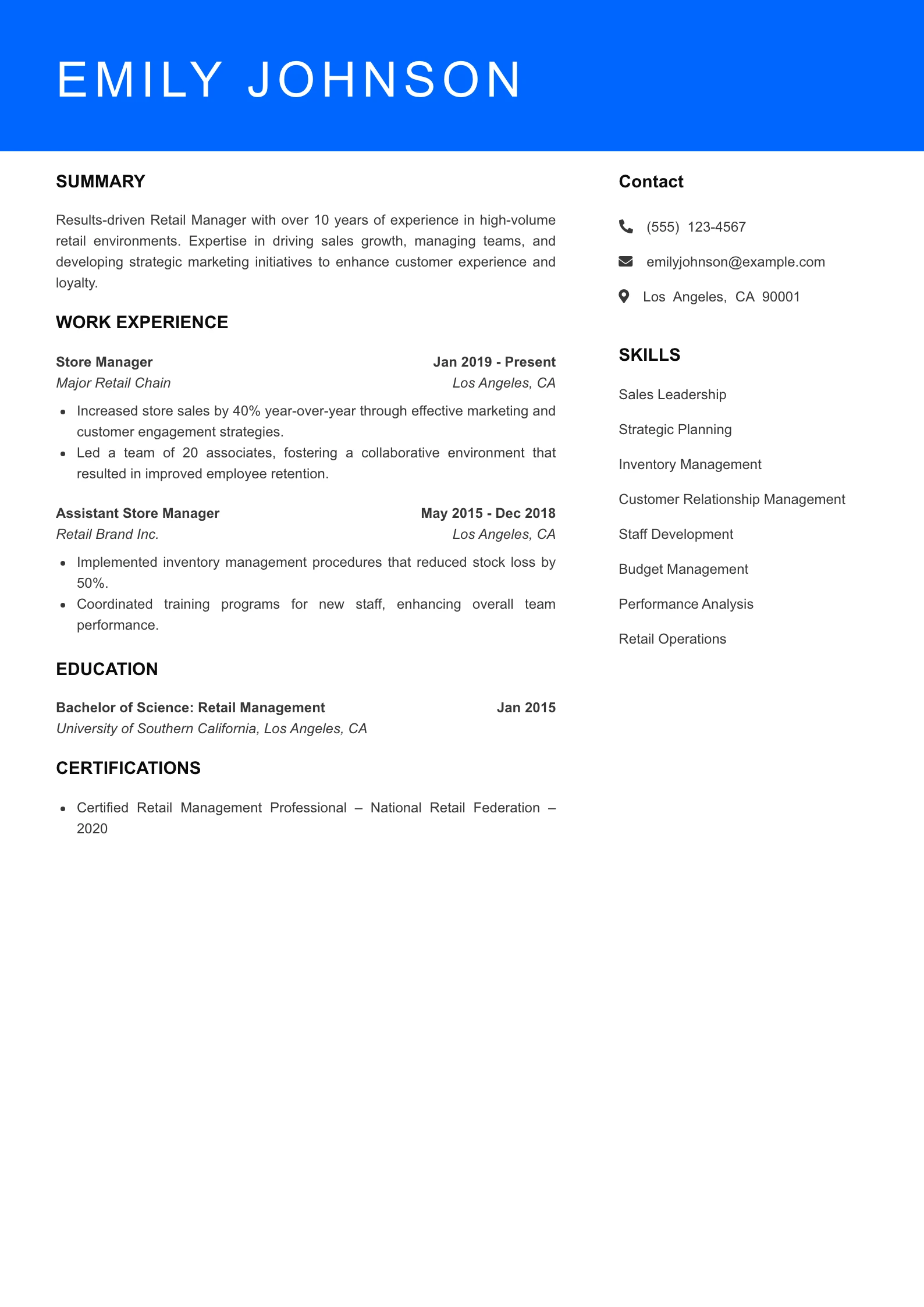 Senior Level Retail Associate Resume Sample