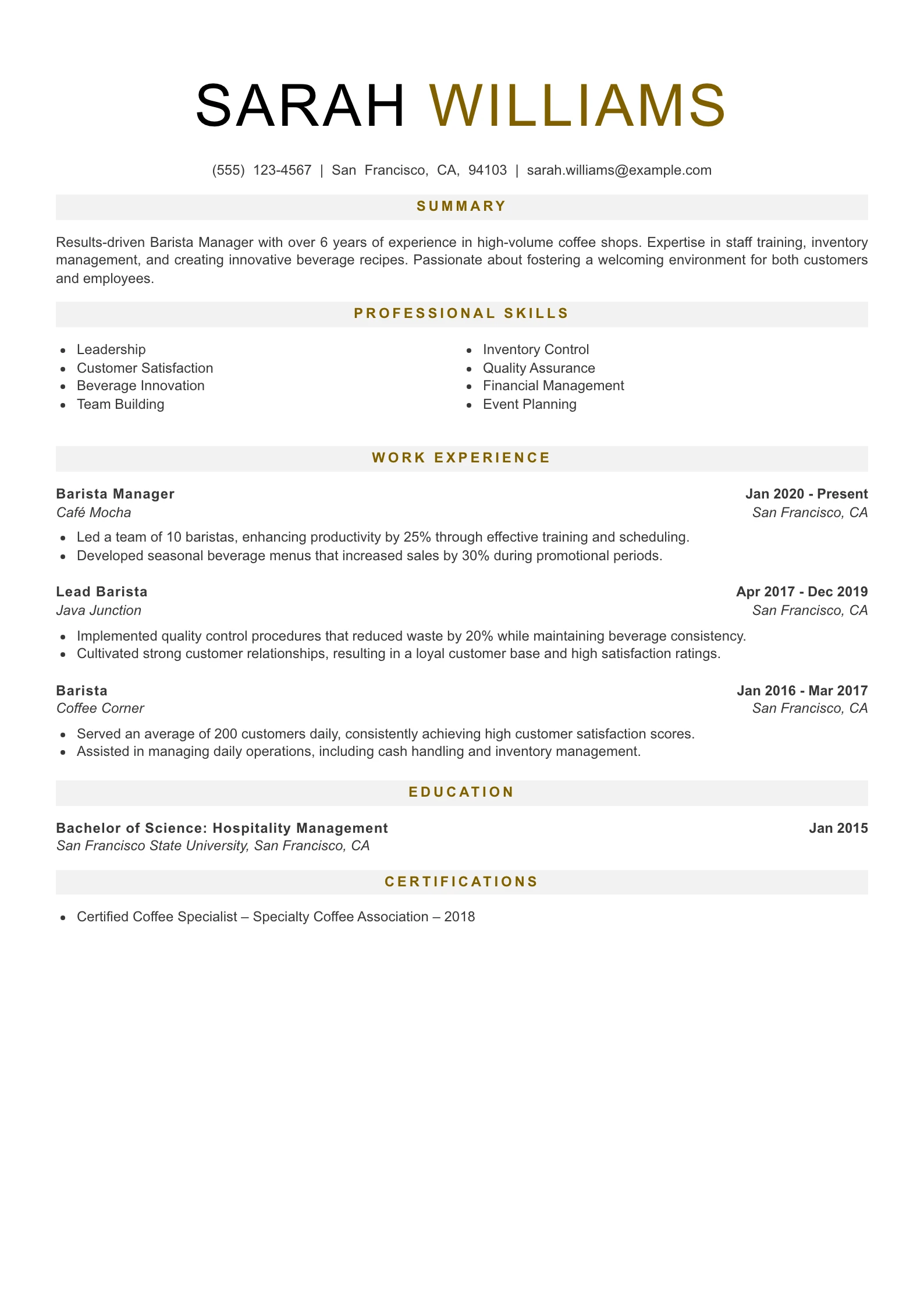 Senior Level Barista Resume Example