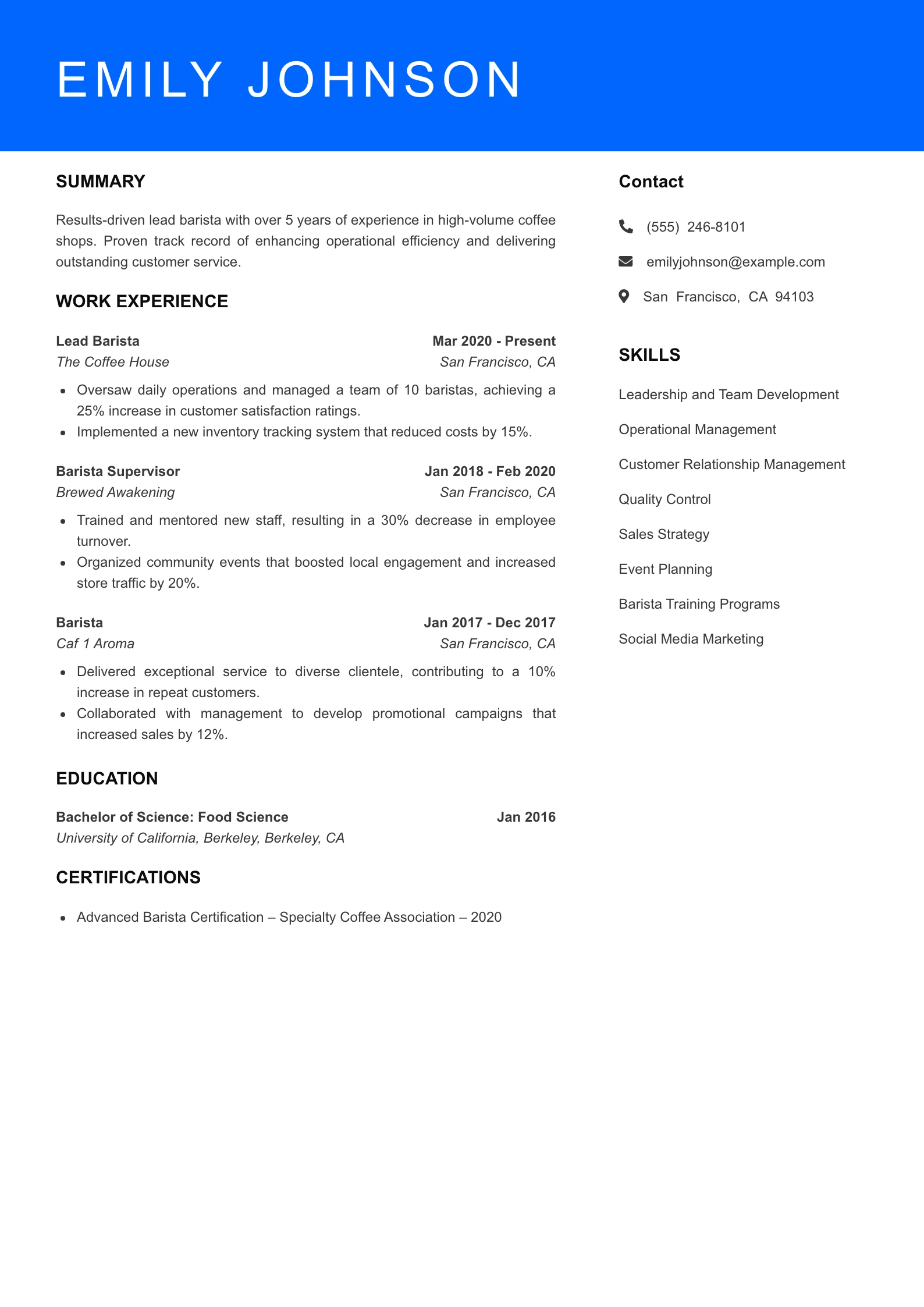 Senior Level Barista Resume Sample