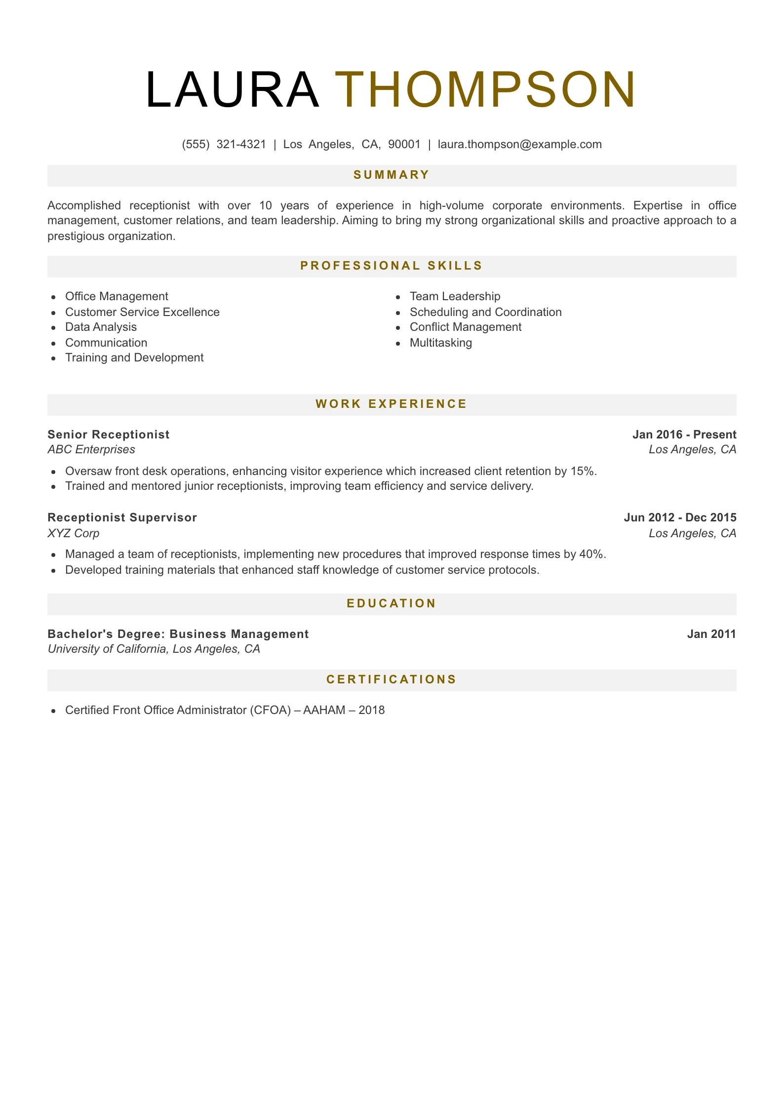 Senior Level Receptionist Resume Example