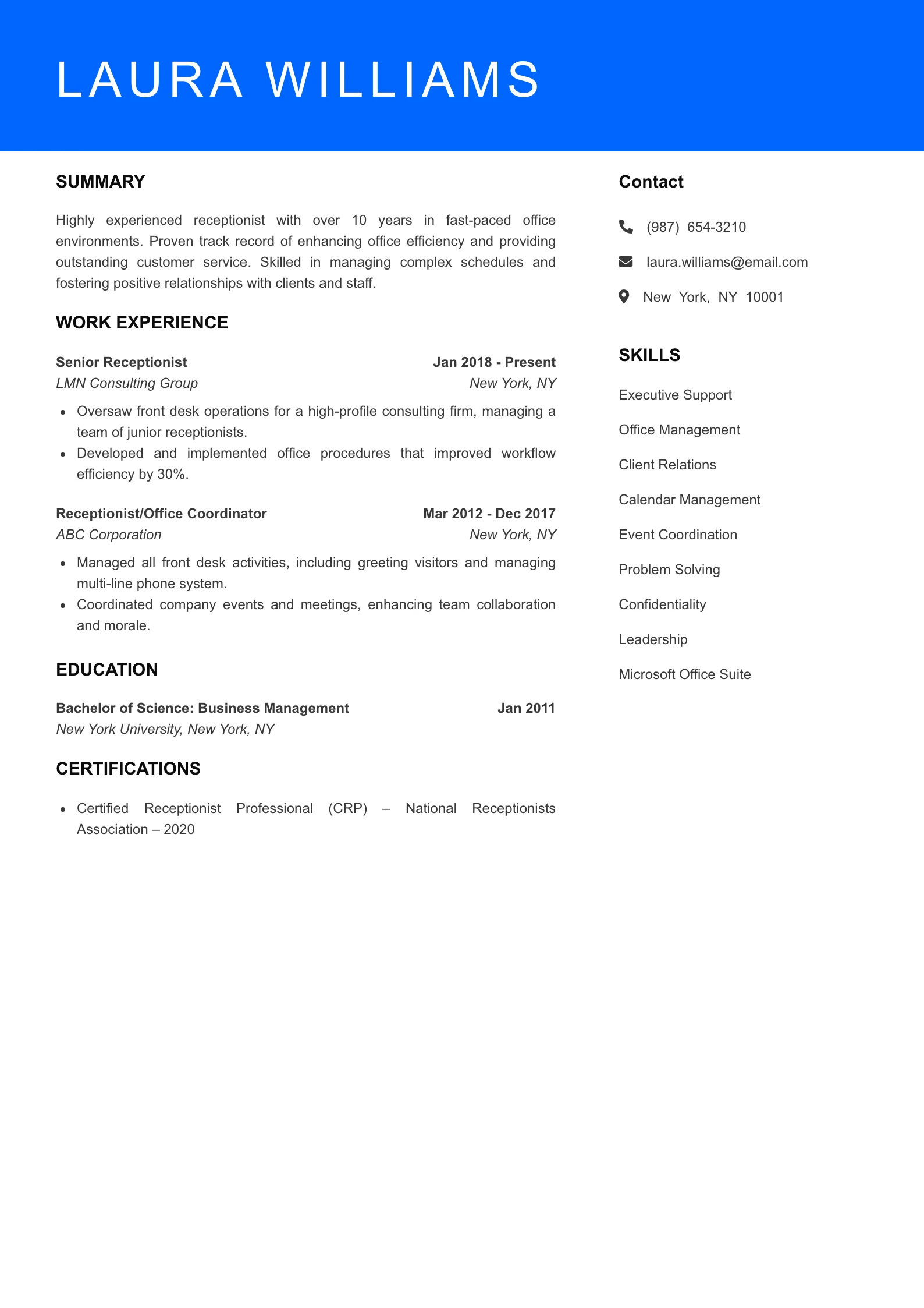 Senior Level Receptionist Resume Sample