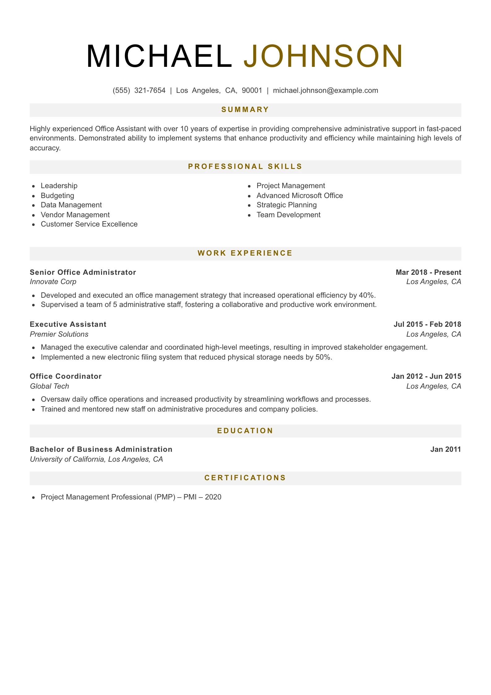 Senior Level Office Assistant Resume Example
