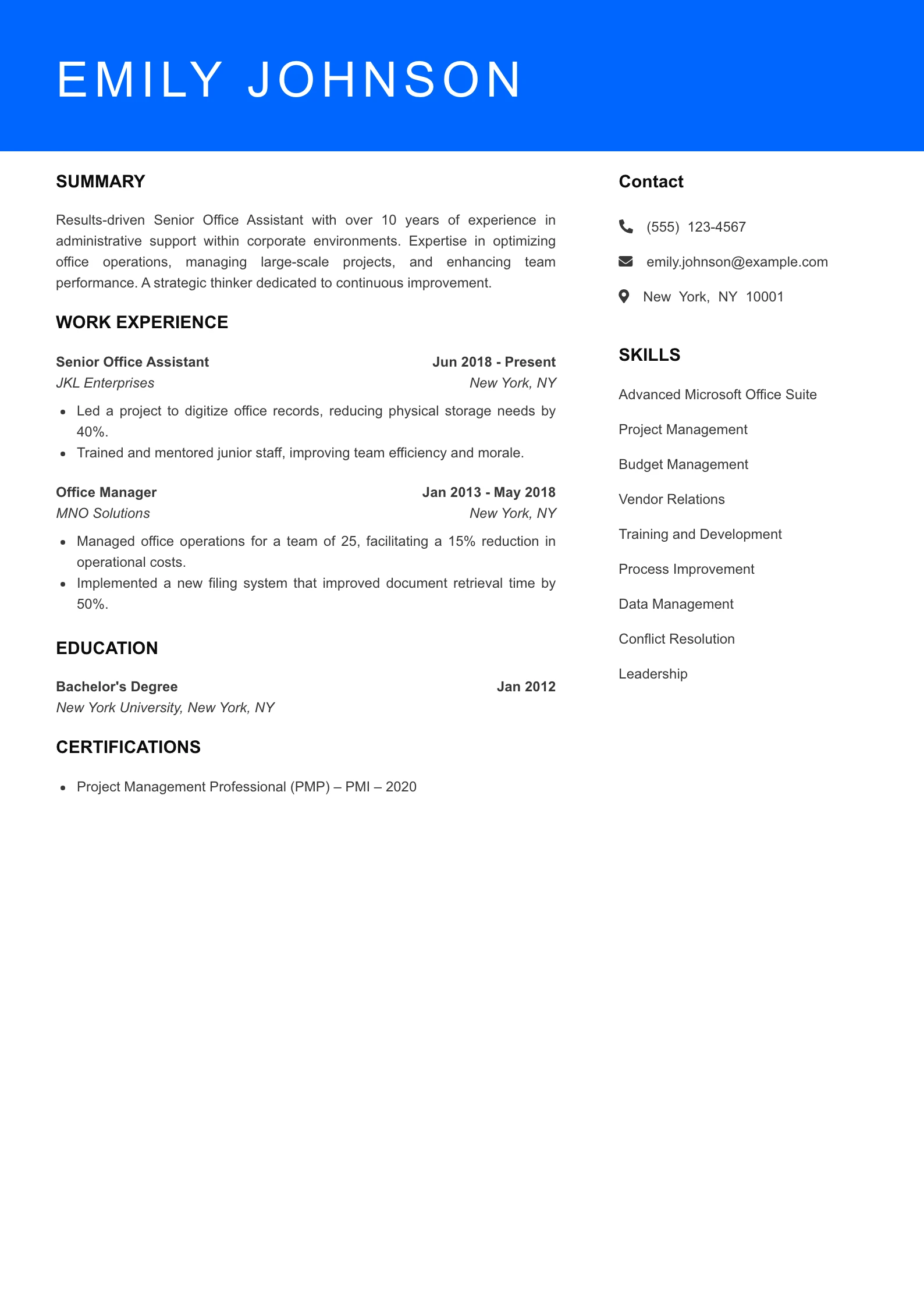 Senior Level Office Assistant Resume Sample