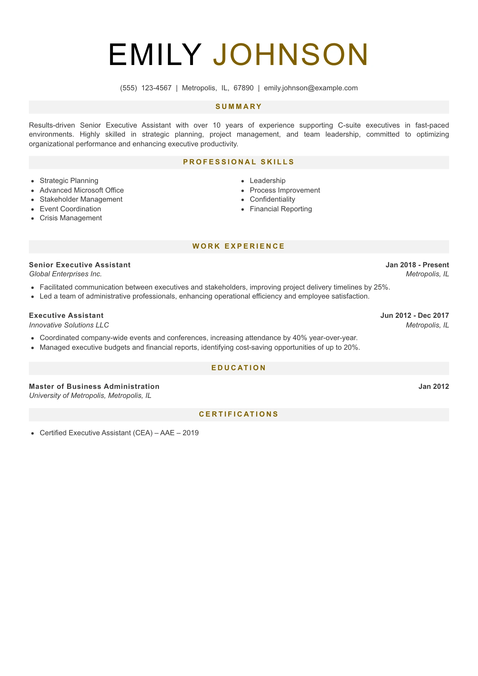 Senior Level Executive Assistant Resume Example