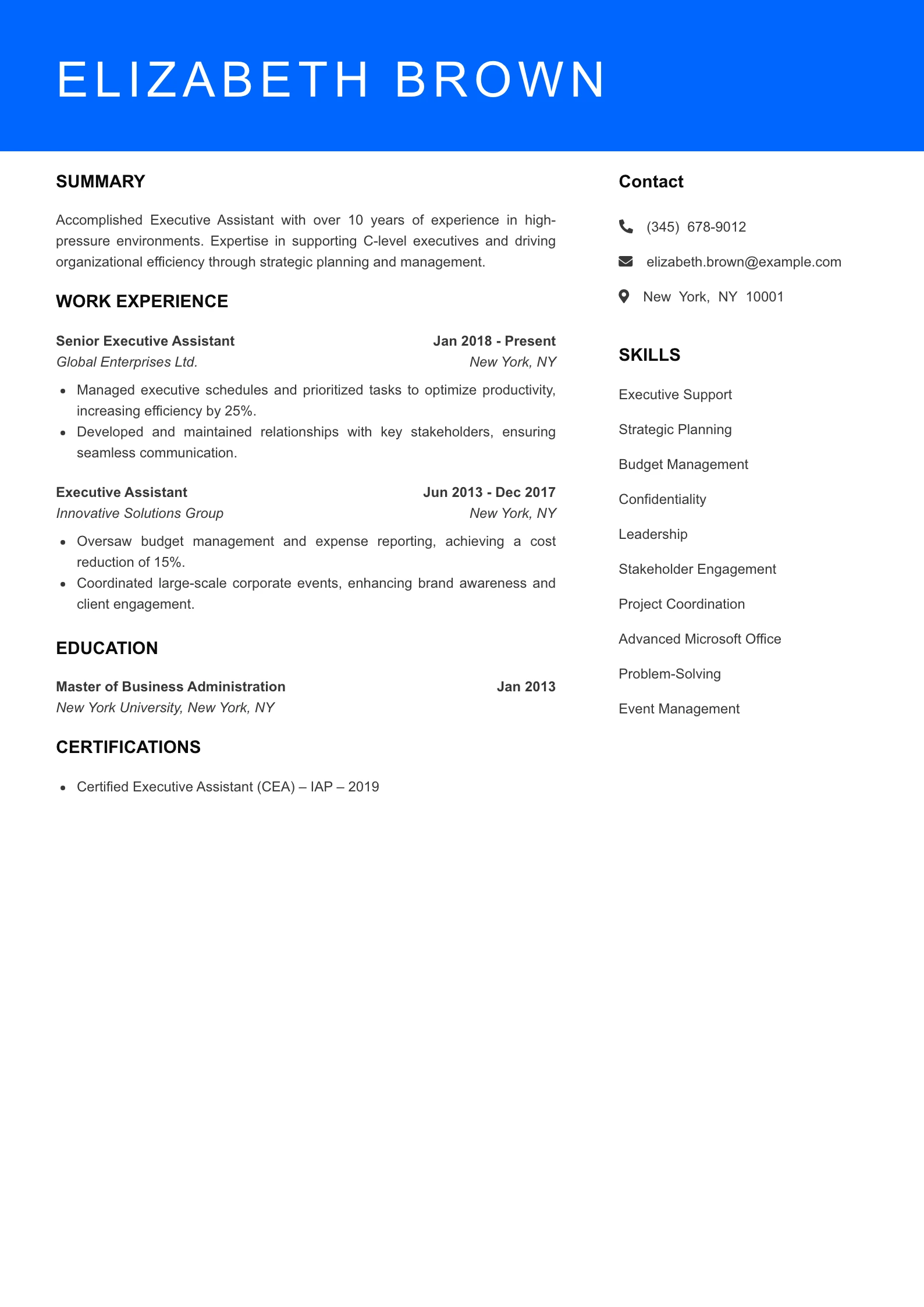 Senior Level Executive Assistant Resume Sample