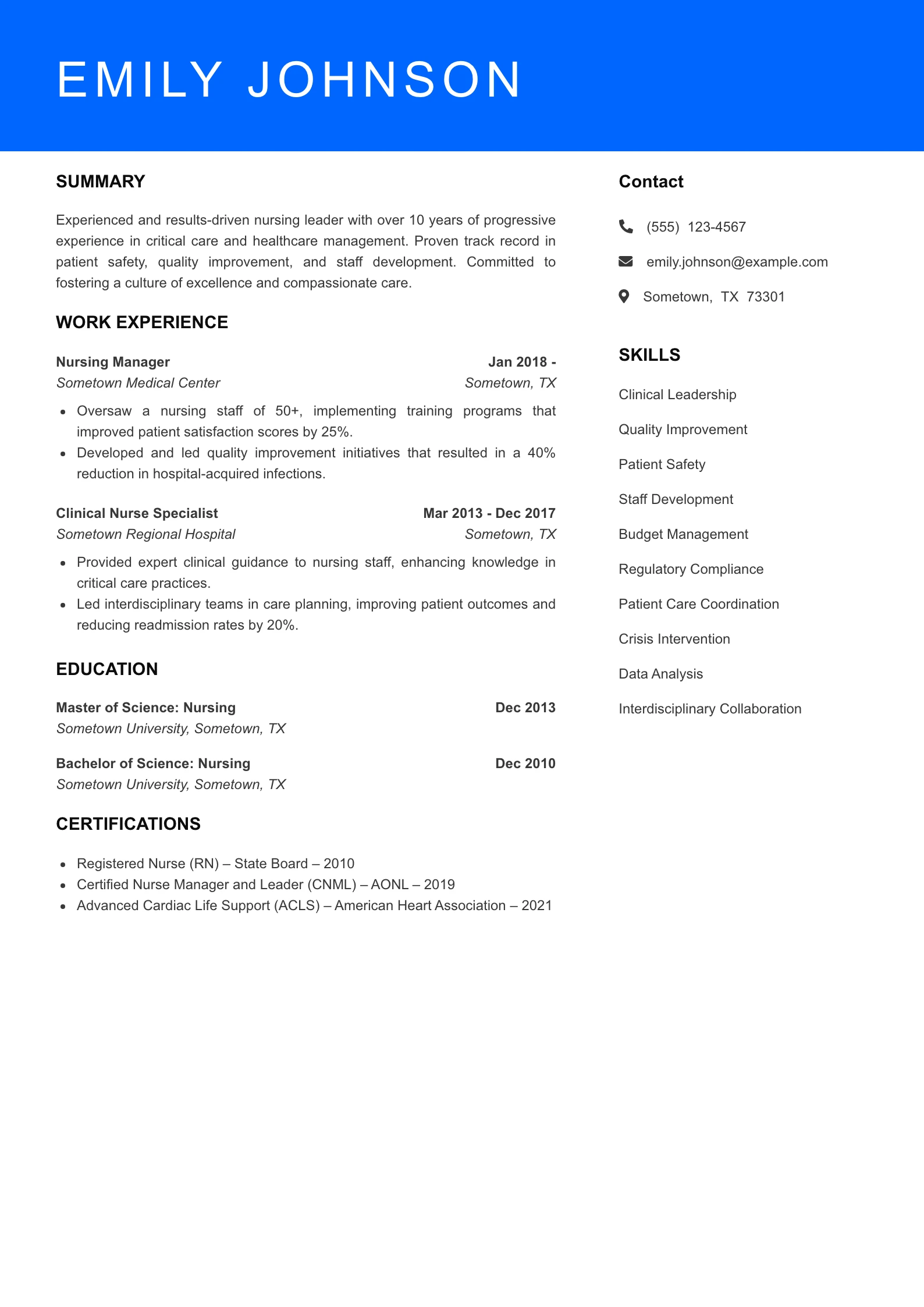 Senior Level Registered Nurse Resume Sample