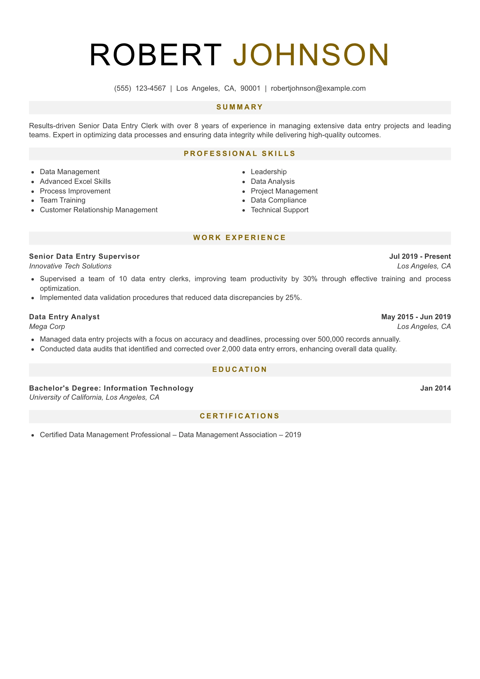 Senior Level Data Entry Clerk Resume Example
