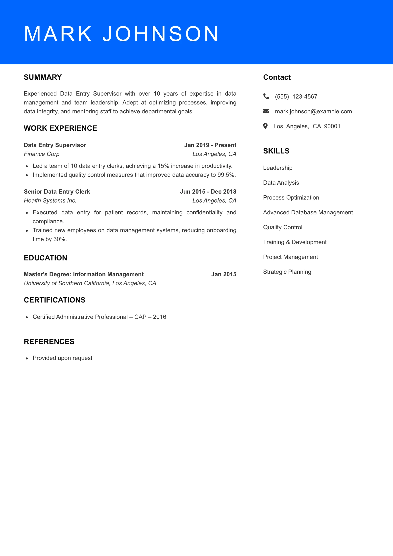 Senior Level Data Entry Clerk Resume Sample