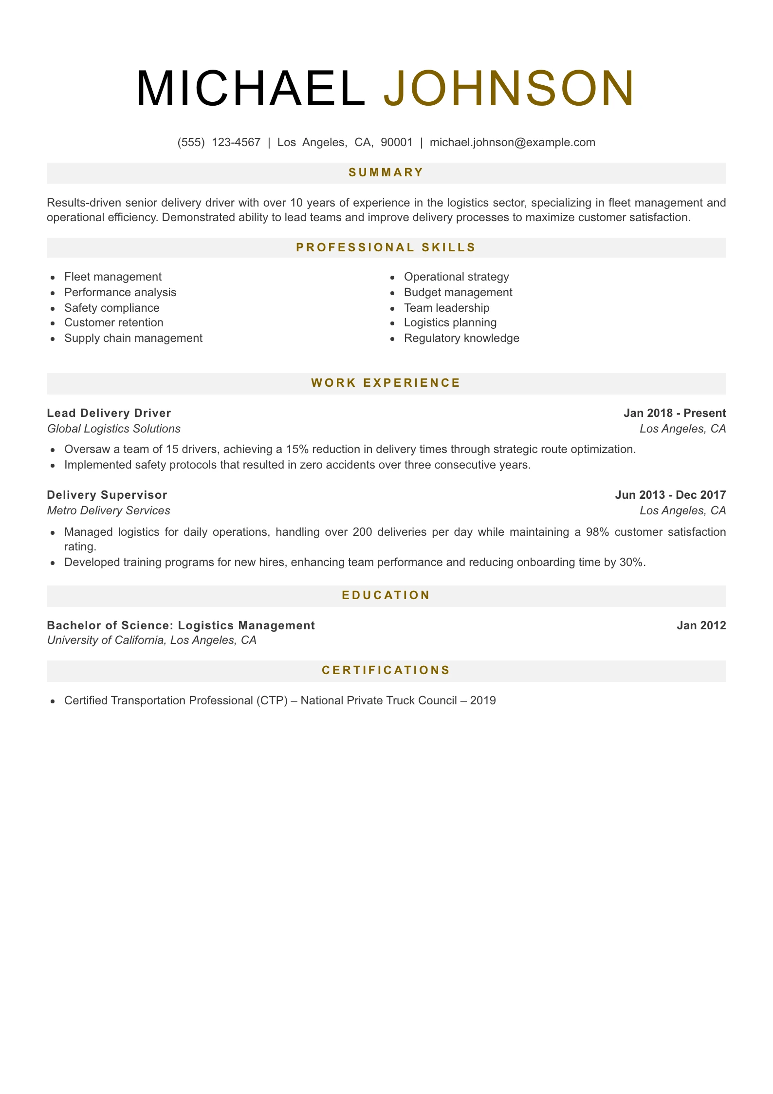 Senior Level Delivery Driver Resume Example
