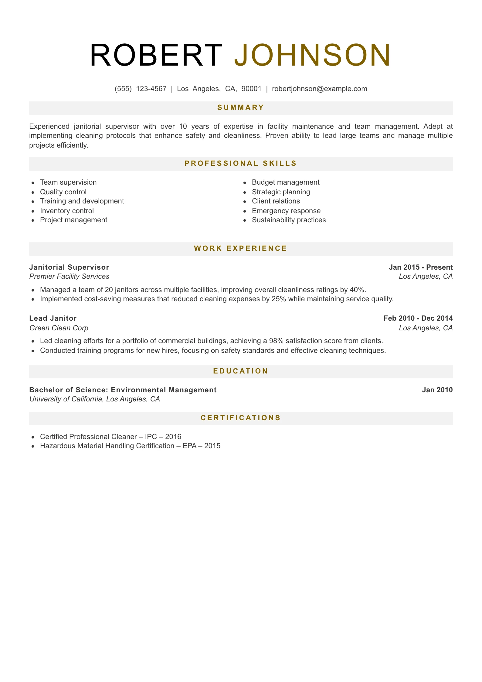 Senior Level Janitor Resume Example