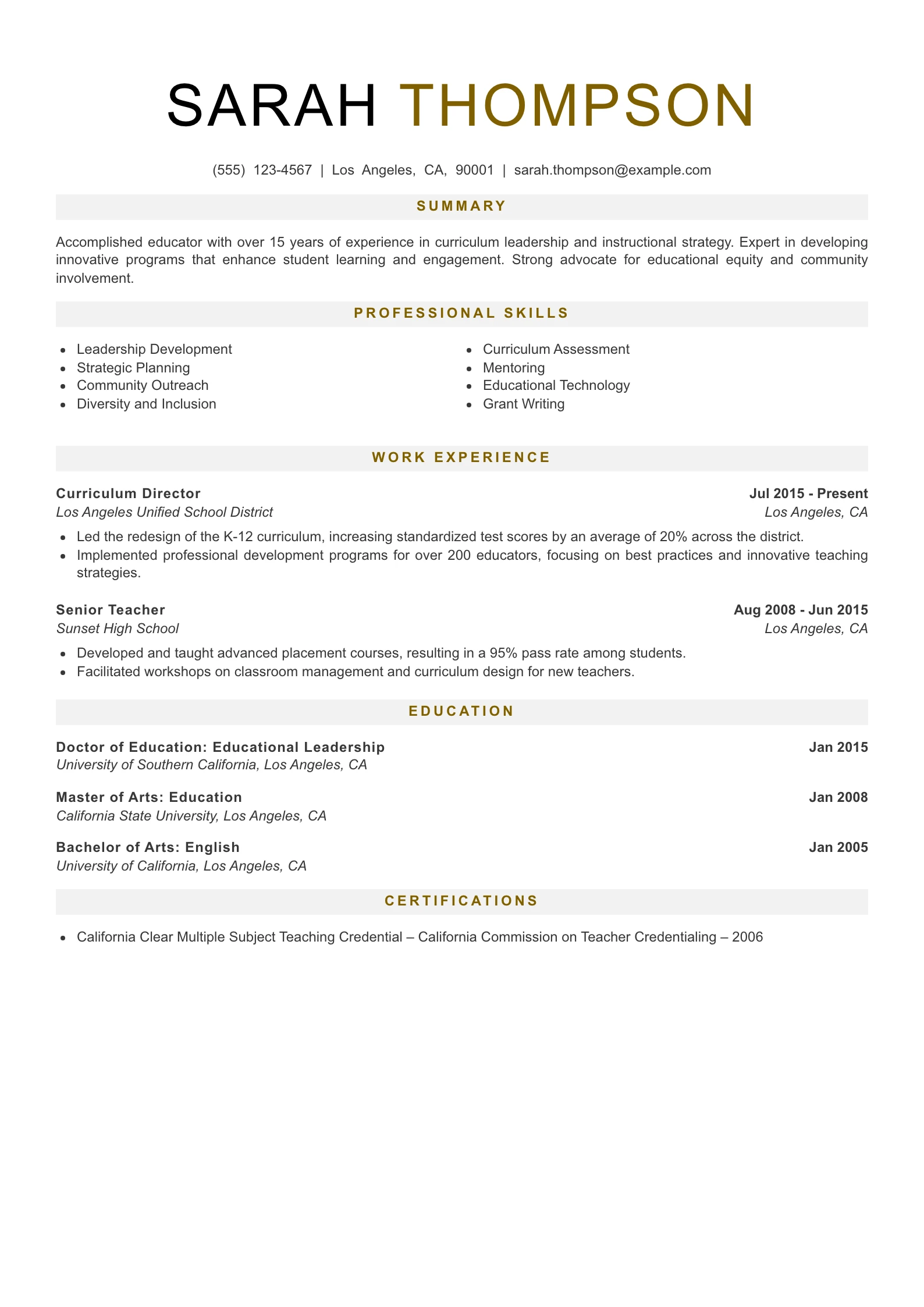 Senior Level Teacher Resume Example
